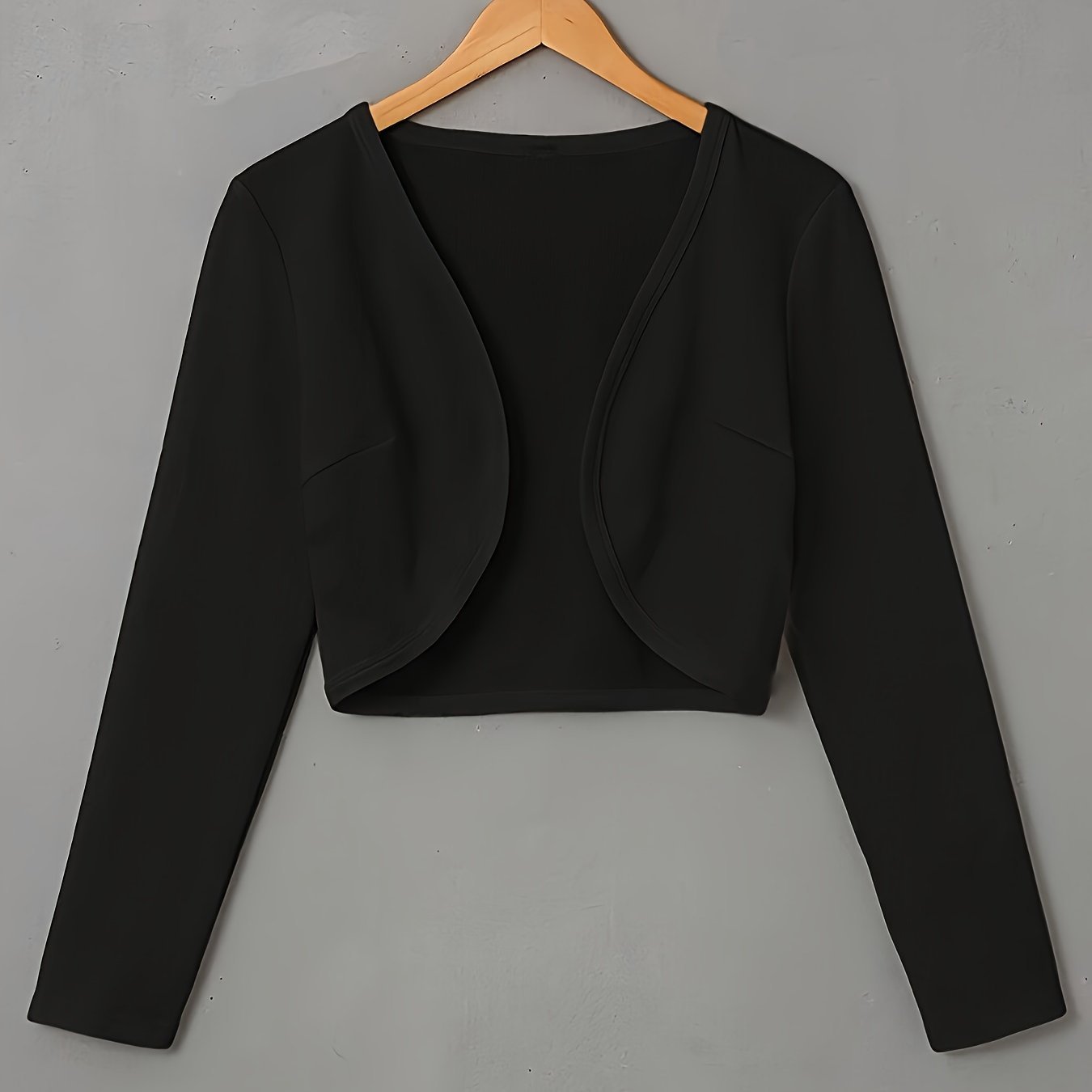 Solid Color Open Front Crop Jacket, Versatile Long Sleeve Outwear For Spring & Fall, Women's Clothing