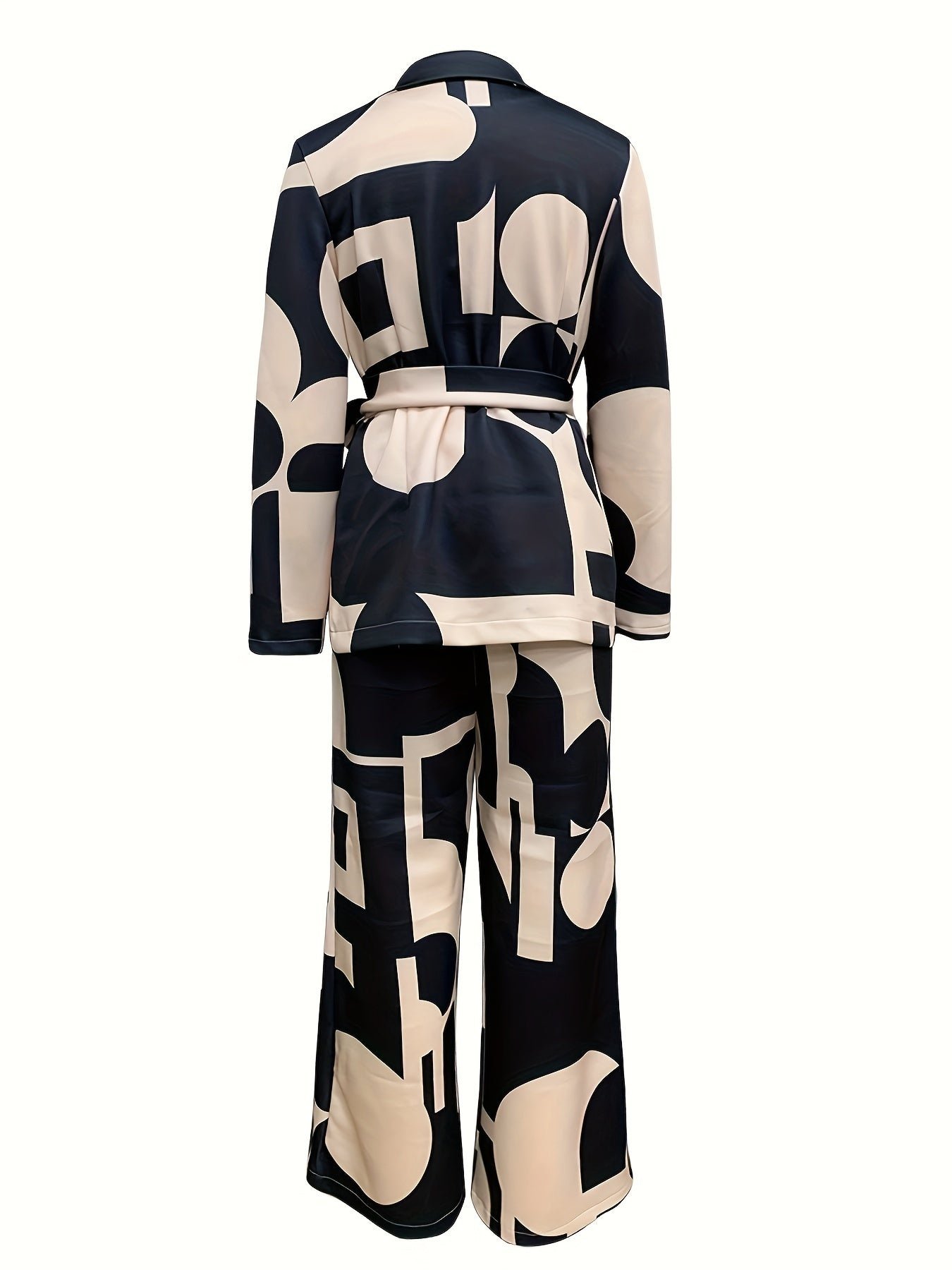 Business Casual Geo Print Two-piece Set, Notched Collar Tie-waist Blazer & Wide Leg Pants Outfits, Women's Clothing