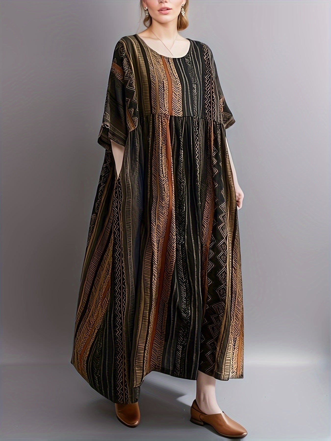 Plus Size Colorblock Stripe Print Loose Dress, Casual Short Sleeve Ruched Dress For Spring & Summer, Women's Plus Size Clothing