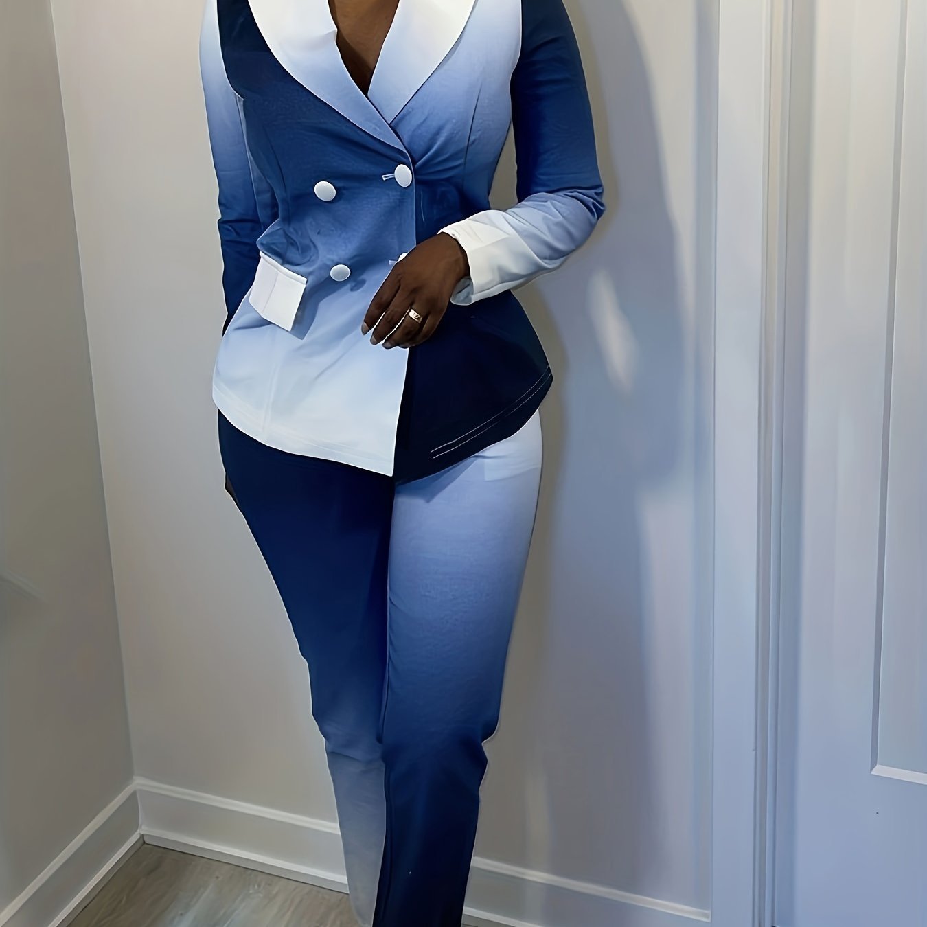 Casual Fashion Ombre Pantsuits Two-piece Set, Long Sleeve Blazer Tops & Fashion Pencil Pants Set, Women's Clothing