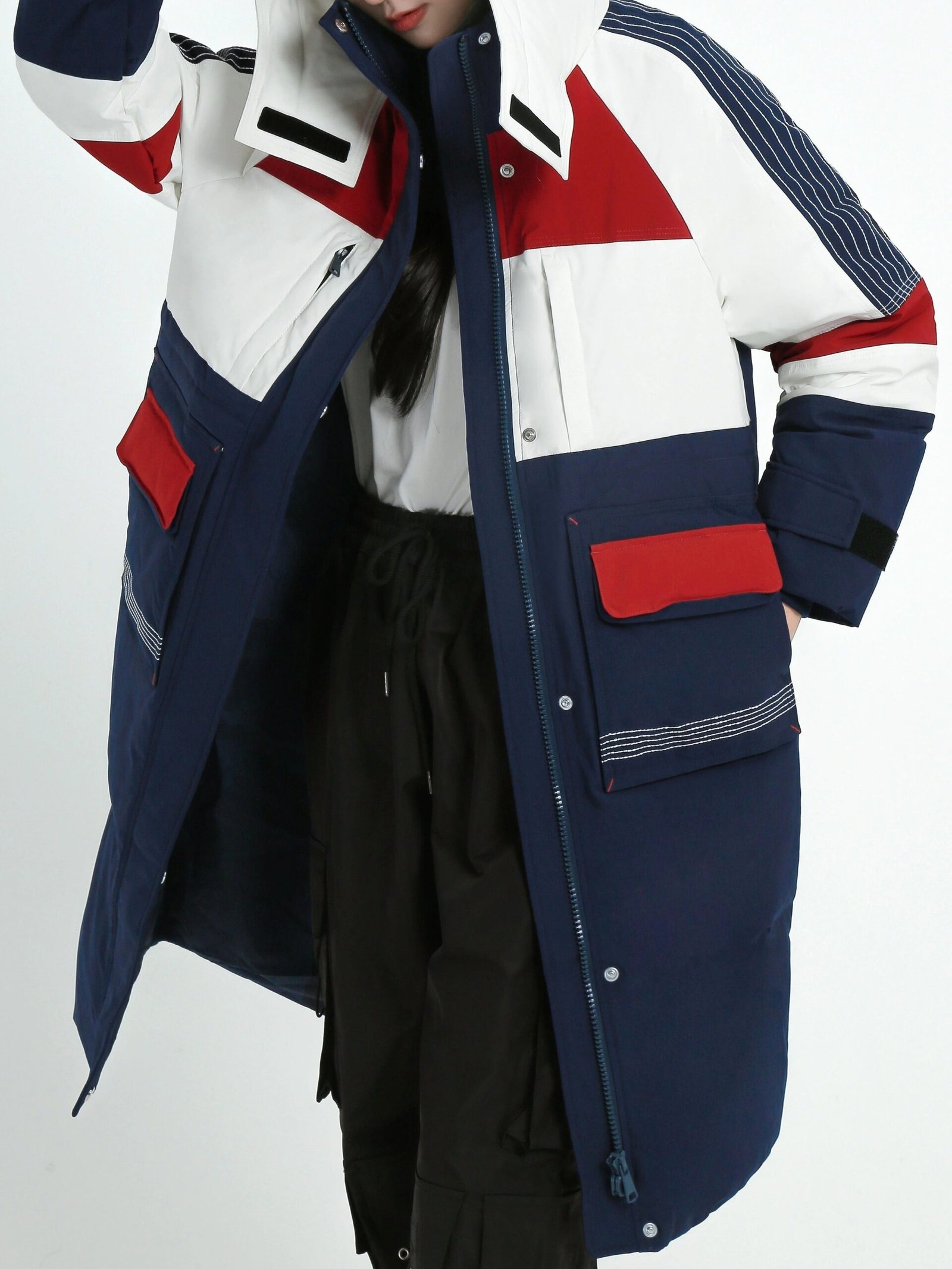 Color Block Hooded Down Jacket, Casual Stand Collar Long Sleeve Winter Warm Outerwear, Women's Clothing