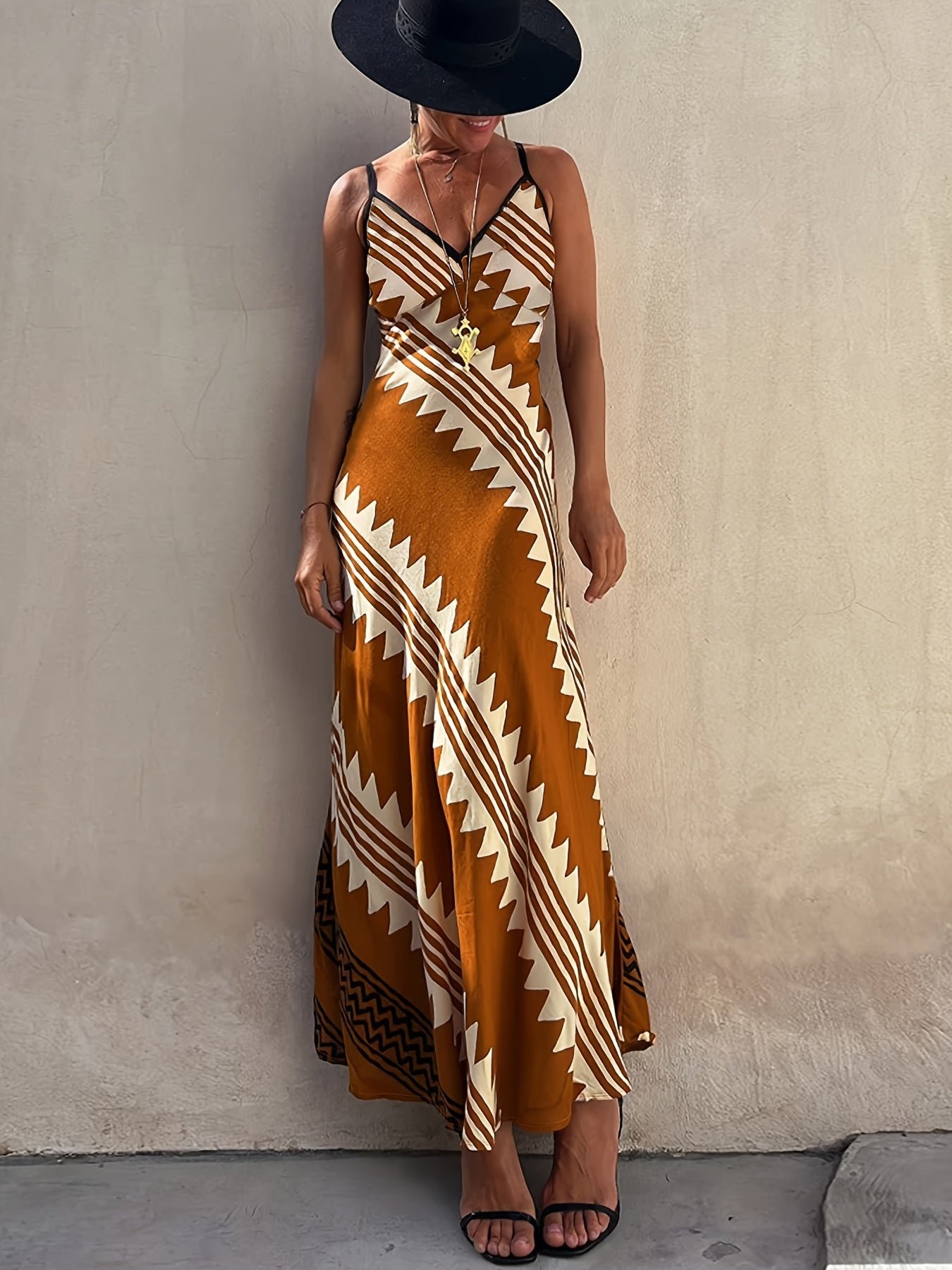 Ethnic Print Two Tone Cami Dress, Elegant V Neck Sleeveless Ankle Length Cami Dress For Spring & Summer, Women's Clothing