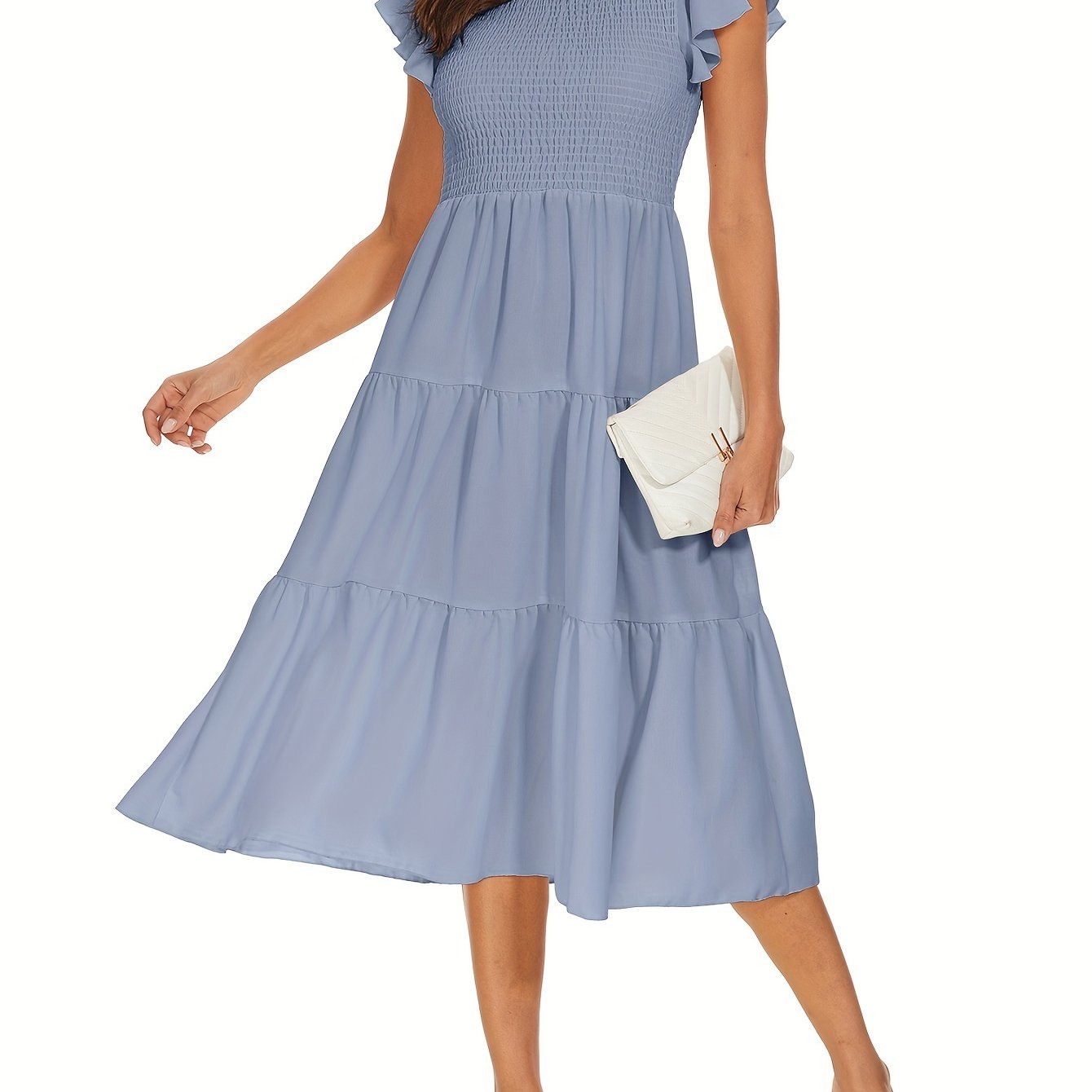 Solid Color Shirred Midi Dress, Elegant Flutter Sleeve Ruffle Hem Dress For Spring & Summer, Women's Clothing