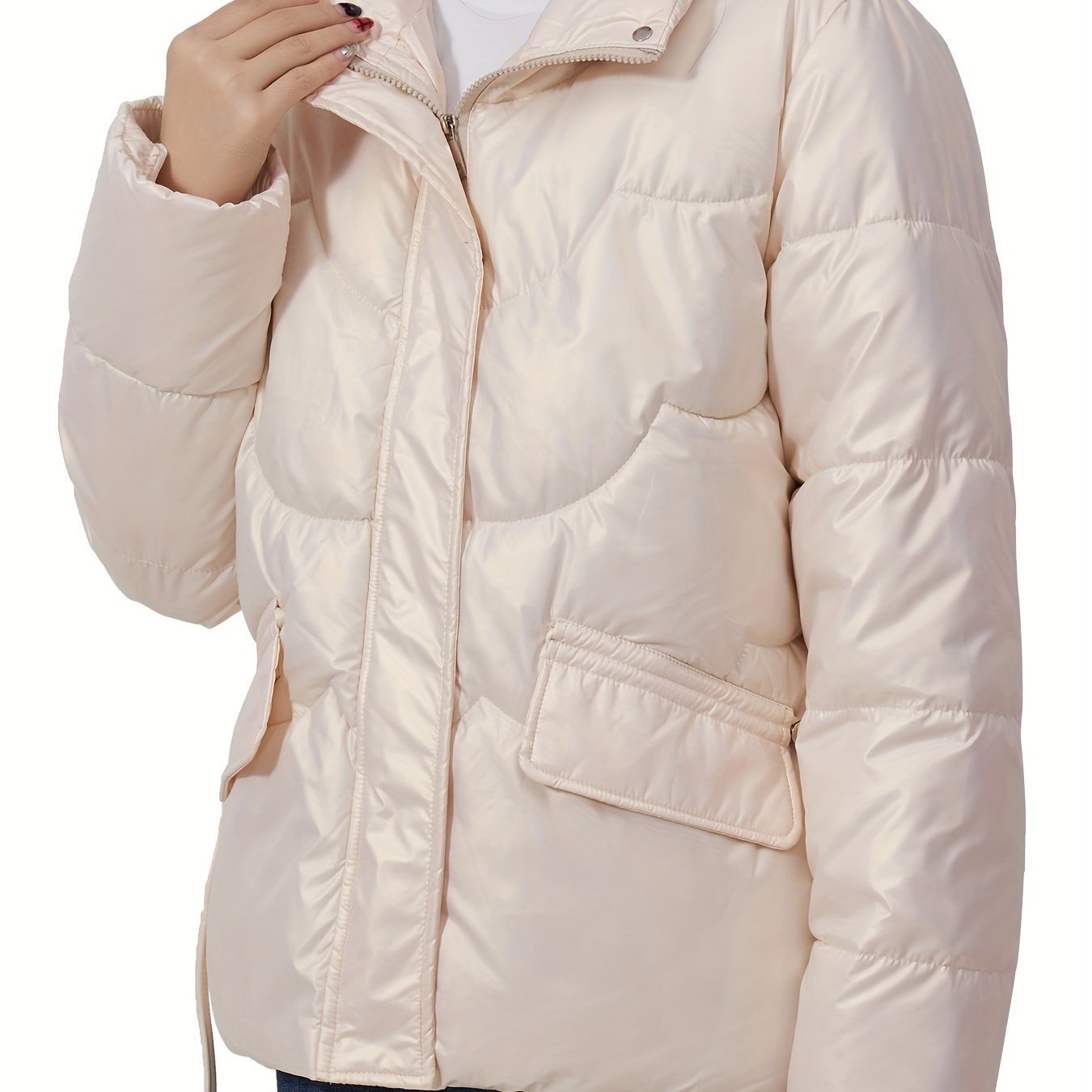 Solid Color Fashionable Puffer Jacket For Women, Thickened Warm Stand Collar Coat For Winter Outdoor, Women's Clothing