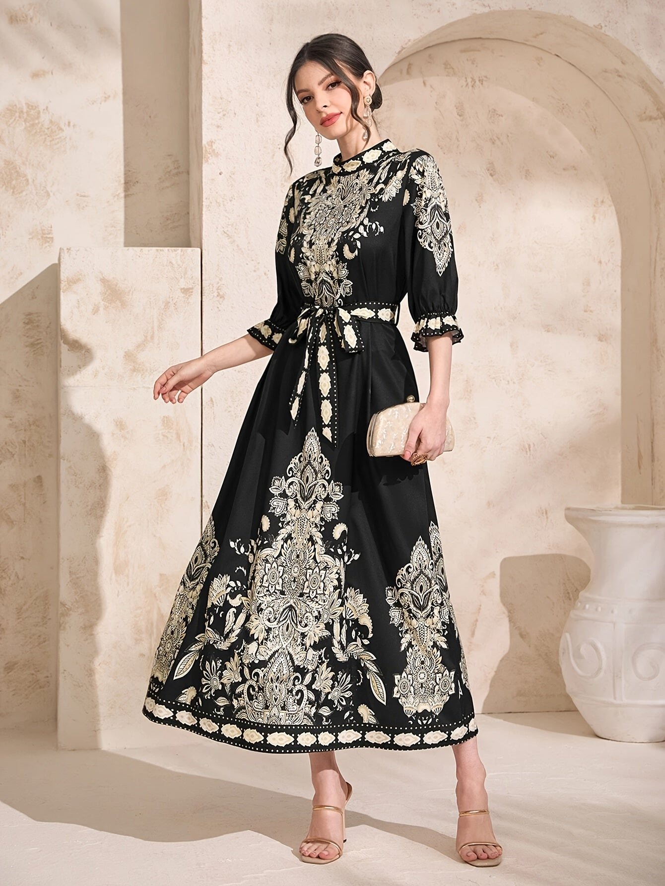 1837f844-8c45-4e51-a886-8e4b6b754645-1 Paisley Print Crew Neck Dress, Elegant Tie Waist Ankle Length Half Sleeve Dress For Spring & Summer, Women's Clothing