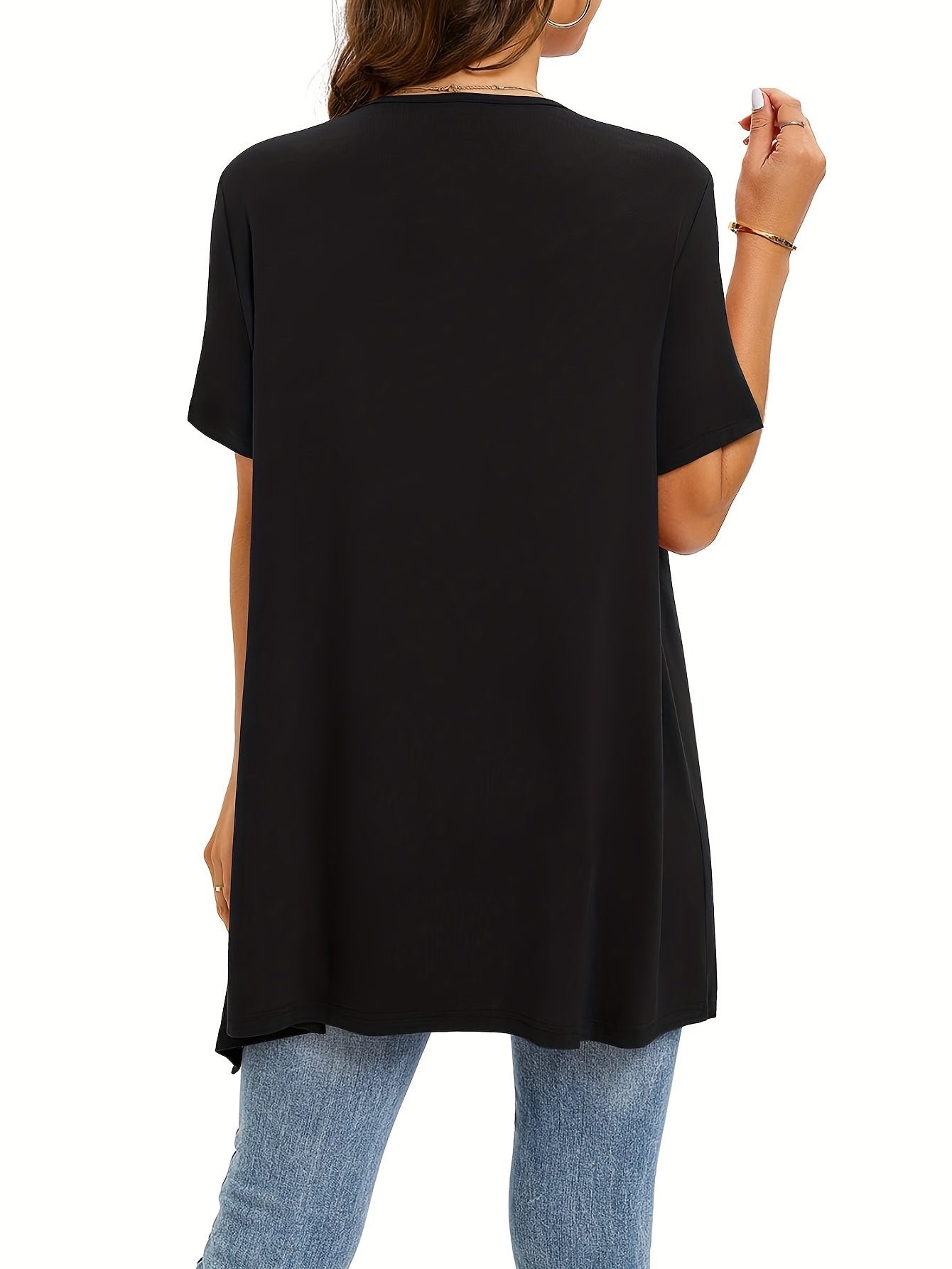 Dual Pockets Open Front Coat, Casual Short Sleeve Coat For Spring & Summer, Women's Clothing