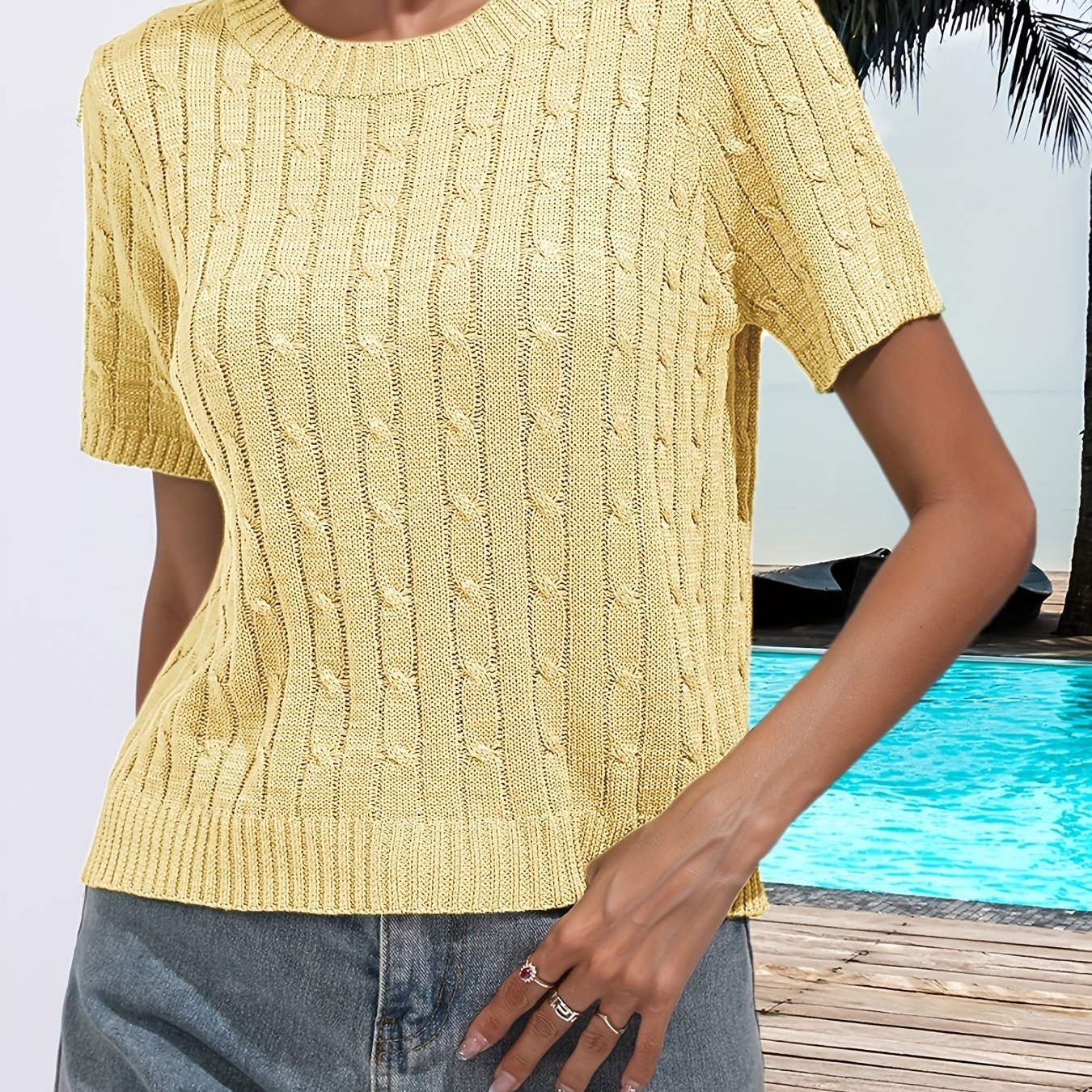 Cable Knitted Crew Neck Sweater, Casual Short Sleeve Pullover Sweater For Spring & Summer, Women's Clothing