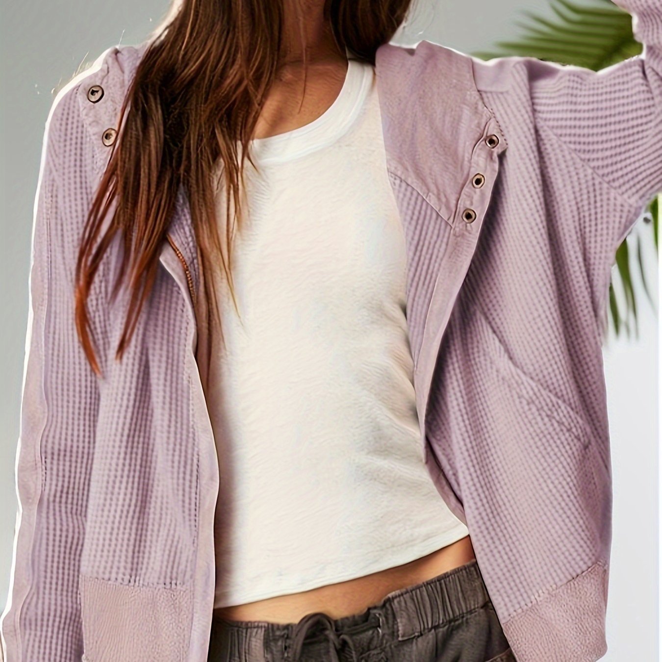 Zip-up Panel Textured Hoodie, Casual Long Sleeve Slant Pockets Jacket, Women's Clothing