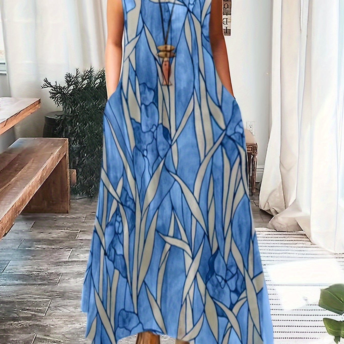 1f0f2b947a6105426ce1dec9b89e4b9e Plus Size Casual Summer Dress, Women's Plus Flower & Leaf Print Sleeveless Round Neck Medium Stretch Maxi Cami Dress With Pockets