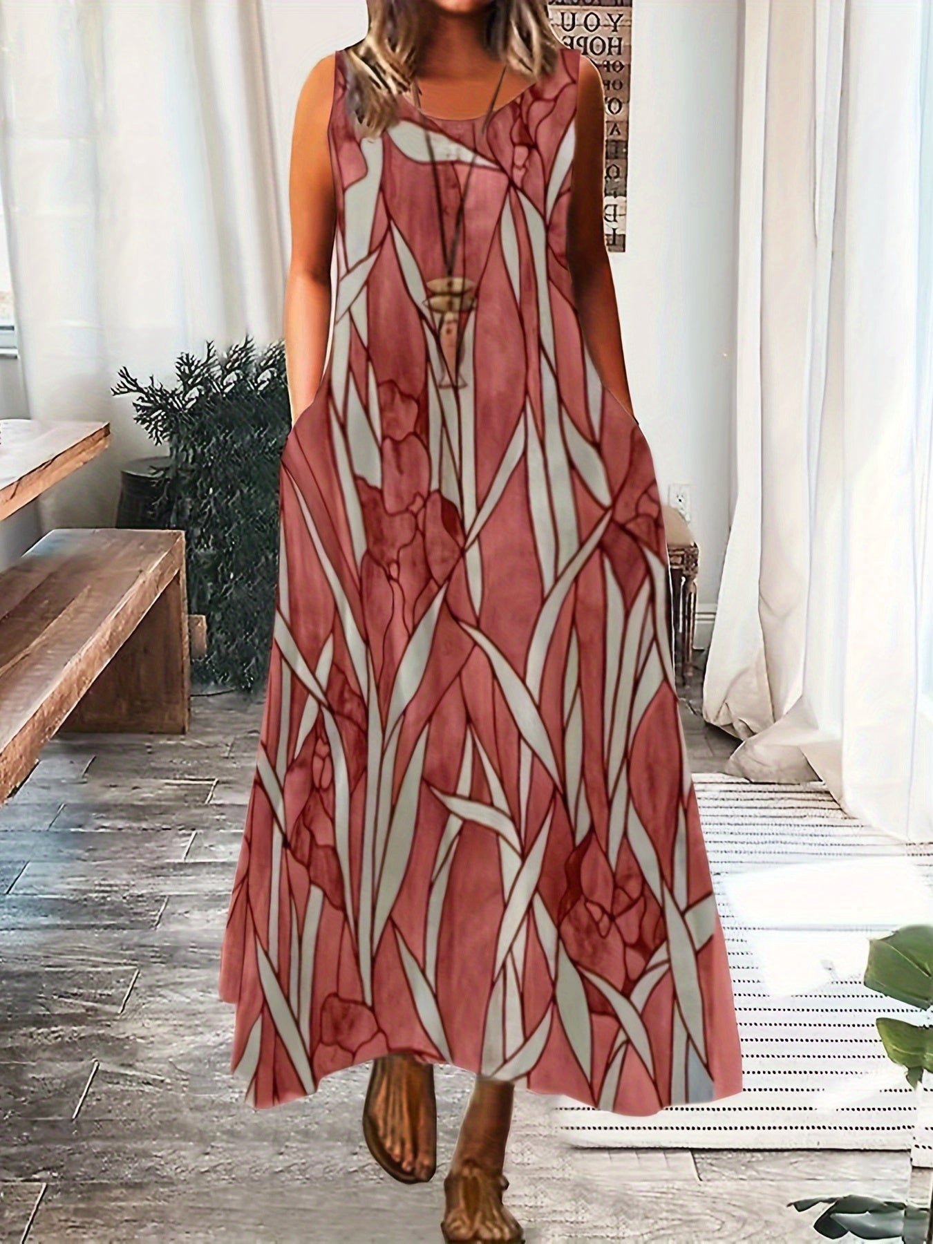 204297857f2b6df8a6571330ed08695a Plus Size Casual Summer Dress, Women's Plus Flower & Leaf Print Sleeveless Round Neck Medium Stretch Maxi Cami Dress With Pockets