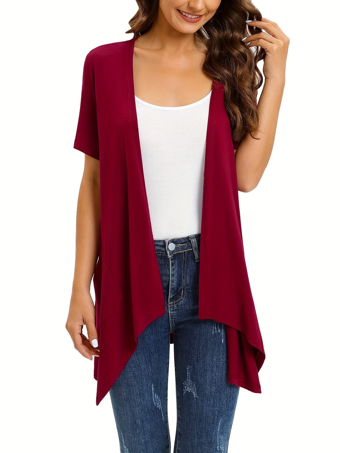 Dual Pockets Open Front Coat, Casual Short Sleeve Coat For Spring & Summer, Women's Clothing