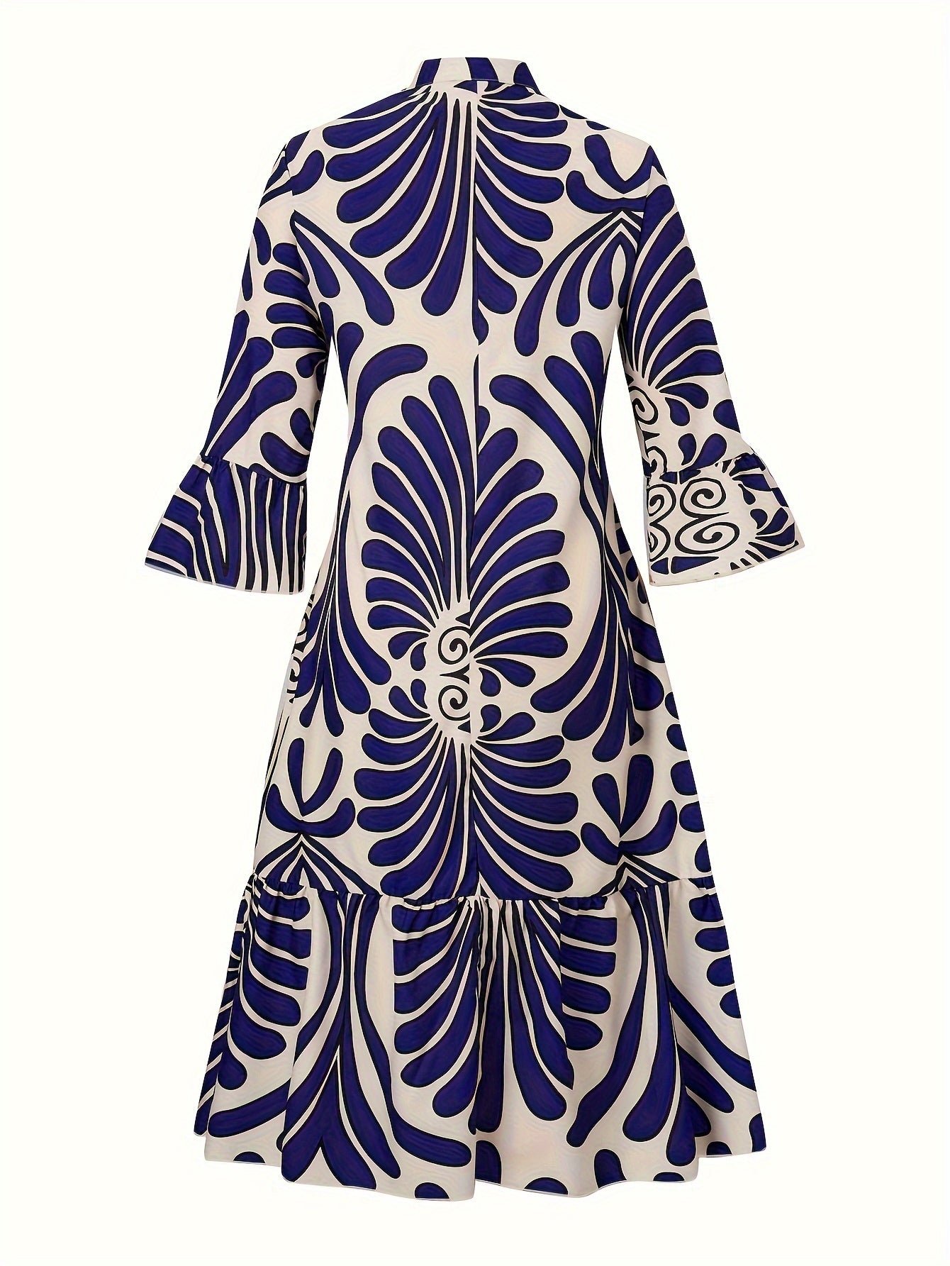 Plus Size All Over Print Tiered Dress, Vacation Button Front 3/4 Sleeve Dress For Spring & Summer, Women's Plus Size Clothing