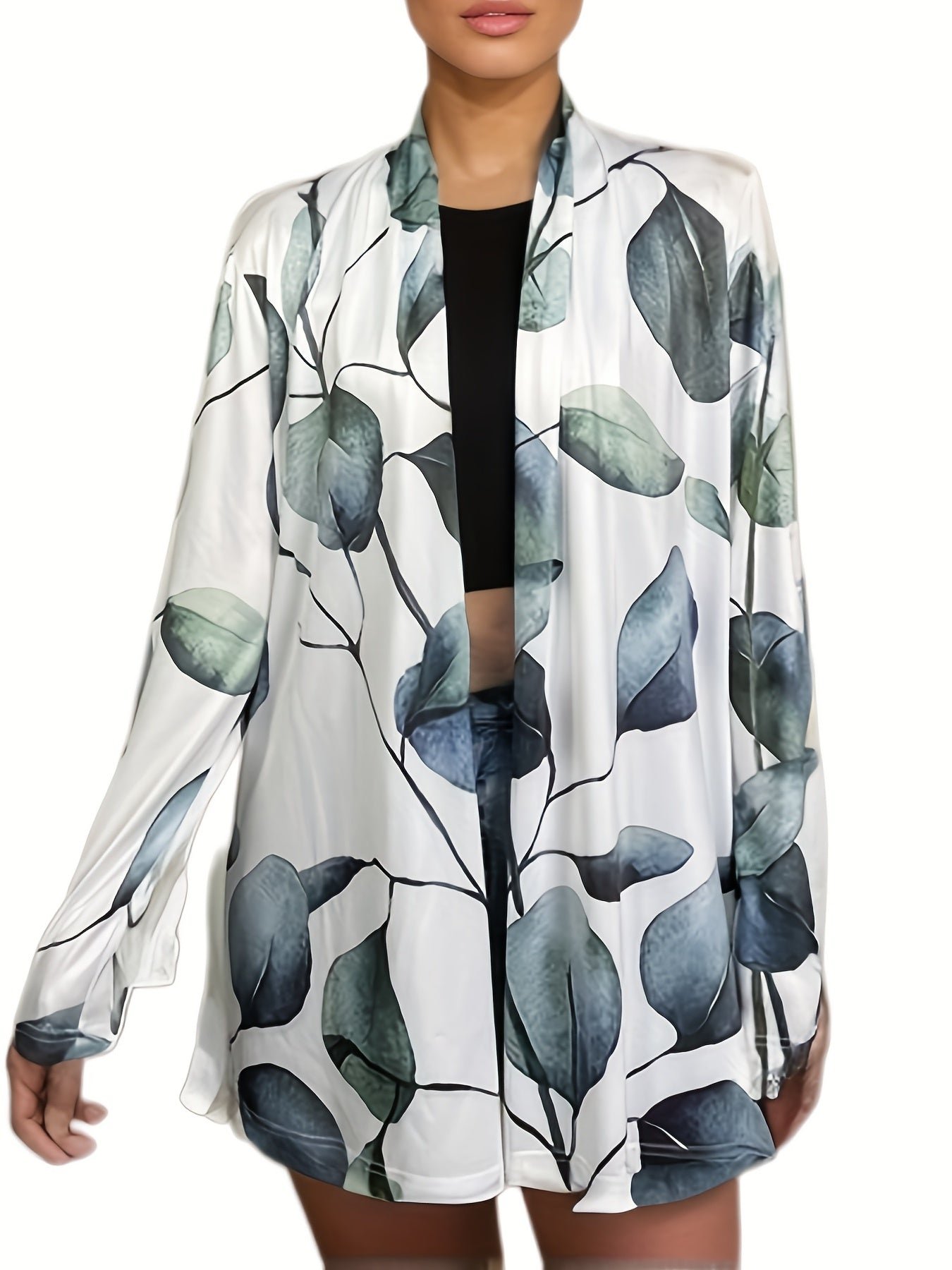 Leaves Print Open Front Cardigan, Versatile Long Sleeve Outwear For Spring & Fall, Women's Clothing