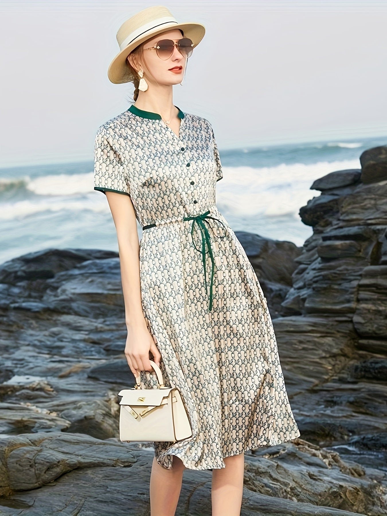 Allover Print Drawstring Waist Dress, Elegant Short Sleeve Contrast Trim Button Front Dress For Spring & Summer, Women's Clothing