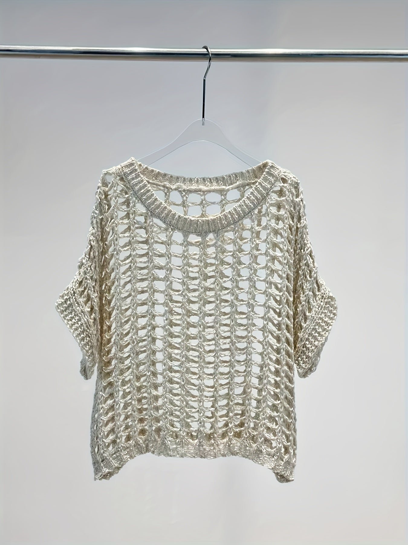 Hollow Out Crochet Crew Neck Sweater, Casual Short Sleeve Knit Top For Spring & Summer, Women's Clothing