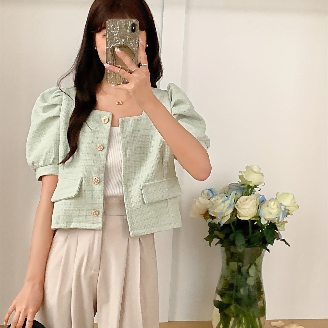 Puff Sleeve Square Neck Jacket, Elegant Button Front Jacket For Spring & Fall, Women's Clothing