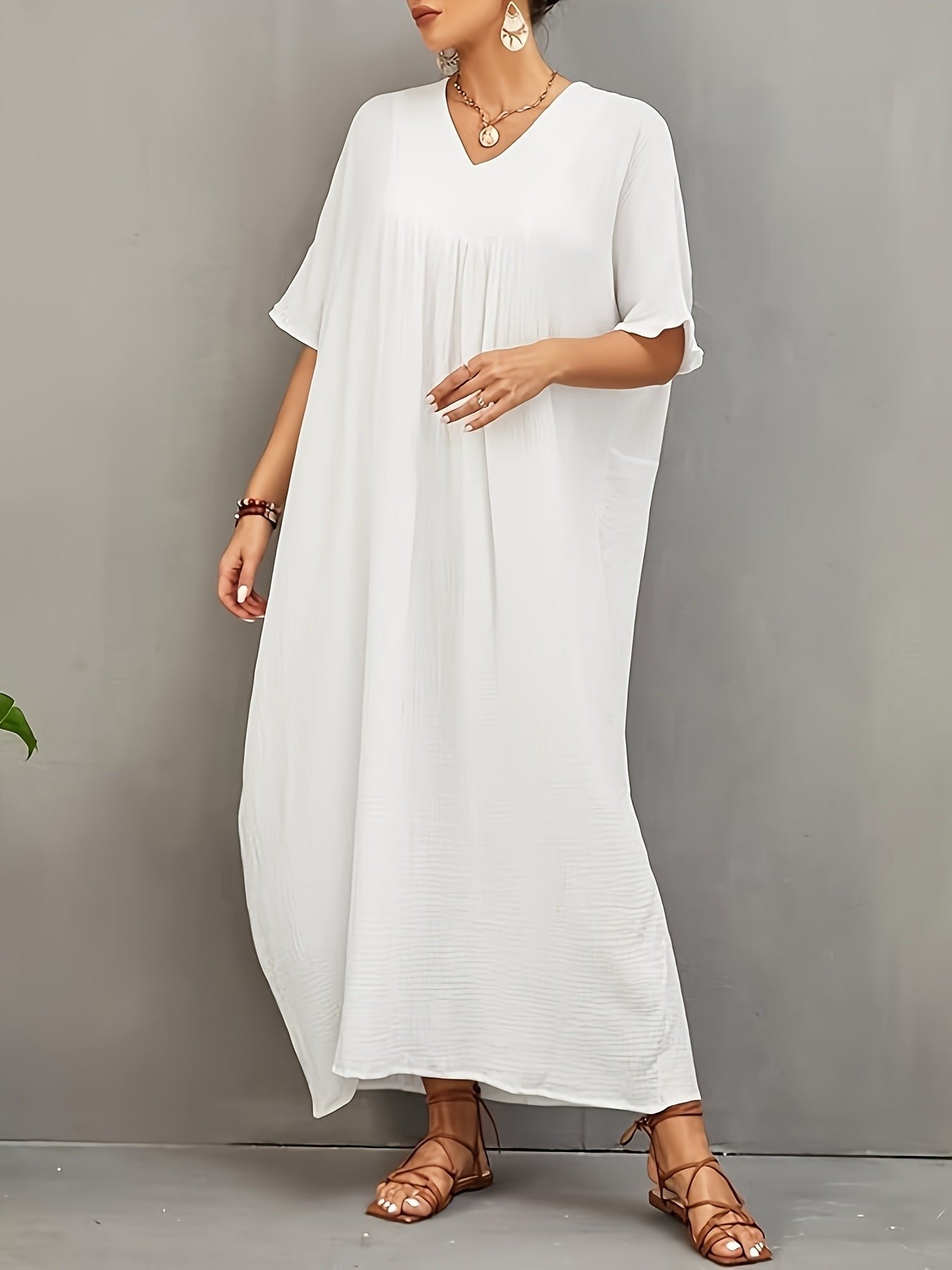 Solid Color V Neck Coverup Dress, Casual Batwing Sleeve Loose Maxi Dress For Spring & Summer, Women's Clothing