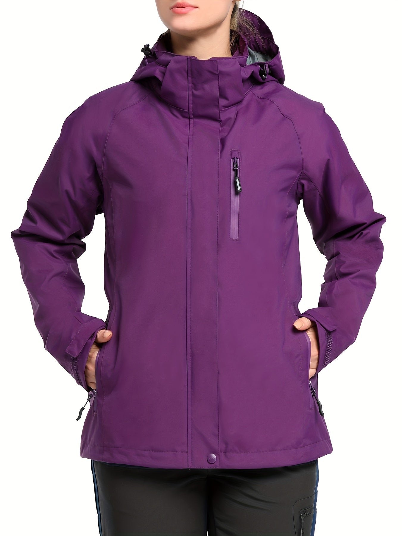 Solid Color Thermal Windproof Hooded Jacket, Zipper Pocket Waterproof Warm Jacket Coat For Fall & Winter, Women's Clothing