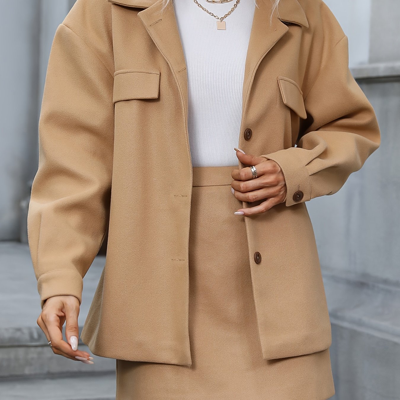 Solid Elegant Two-piece Set, Button Front Long Sleeve Jacket & High Waist Mini Skirts Outfits, Women's Clothing