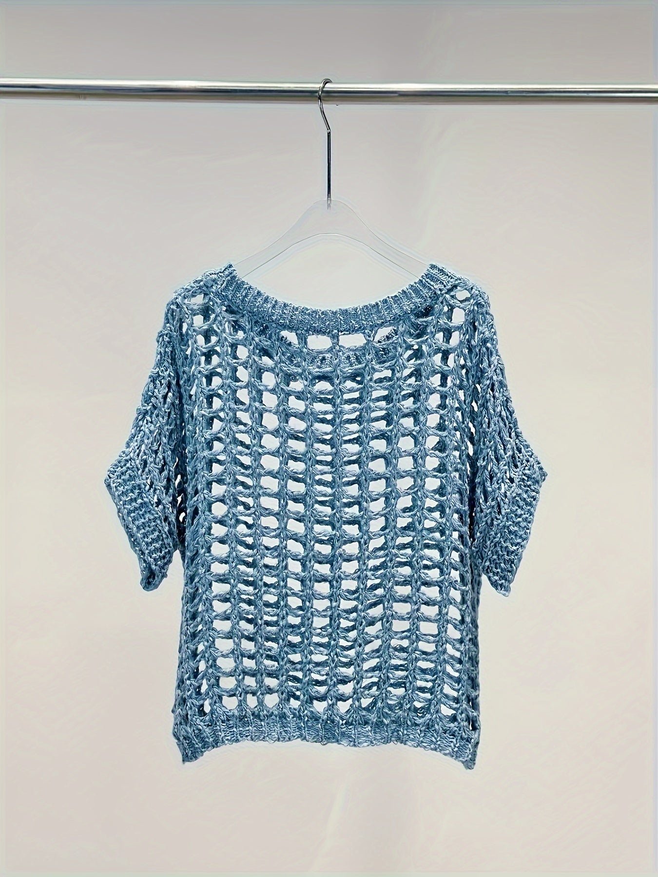 Hollow Out Crochet Crew Neck Sweater, Casual Short Sleeve Knit Top For Spring & Summer, Women's Clothing