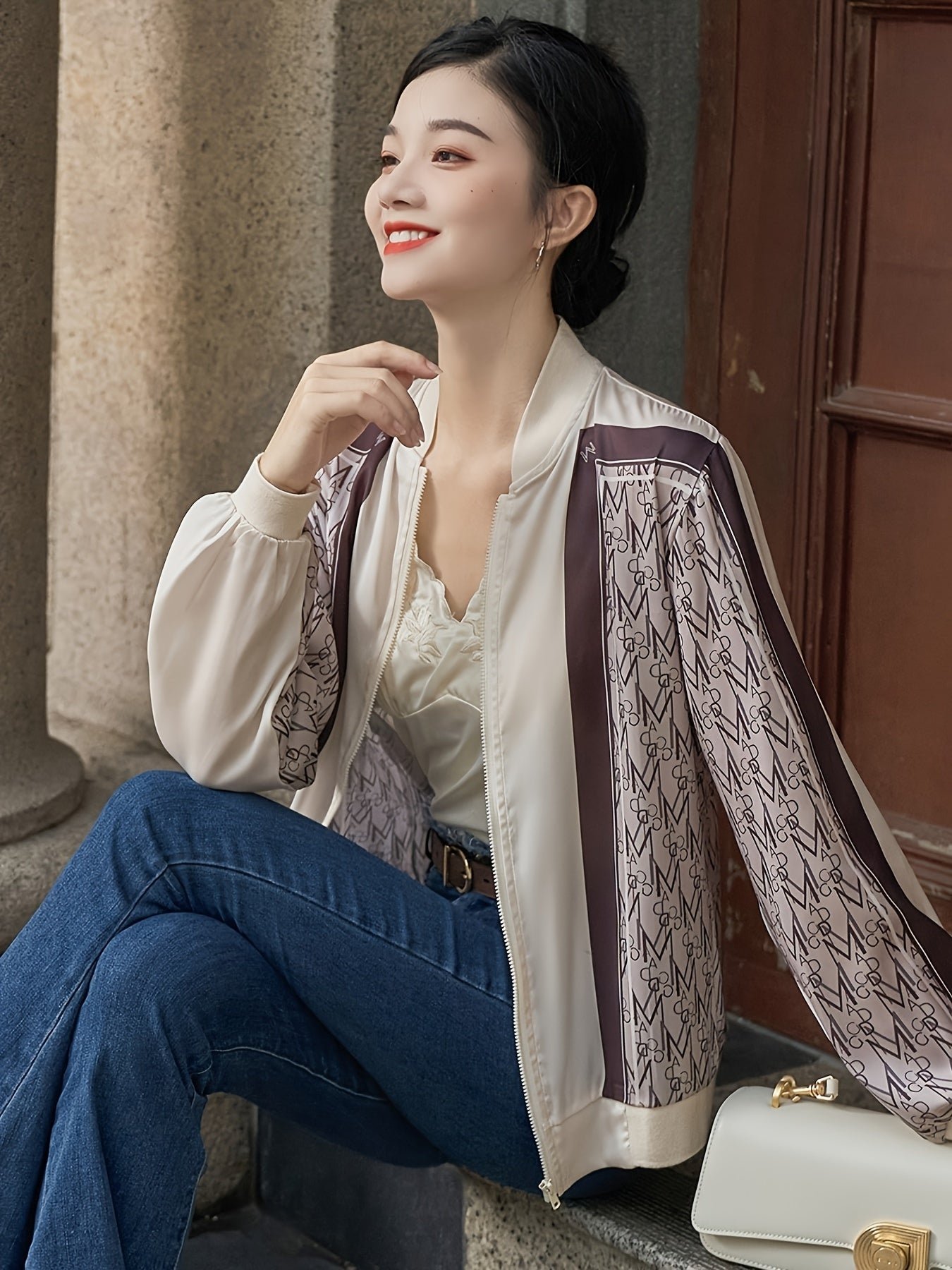 Allover Zip Up Jacket, Casual Long Sleeve Jacket For Spring & Fall, Women's Clothing