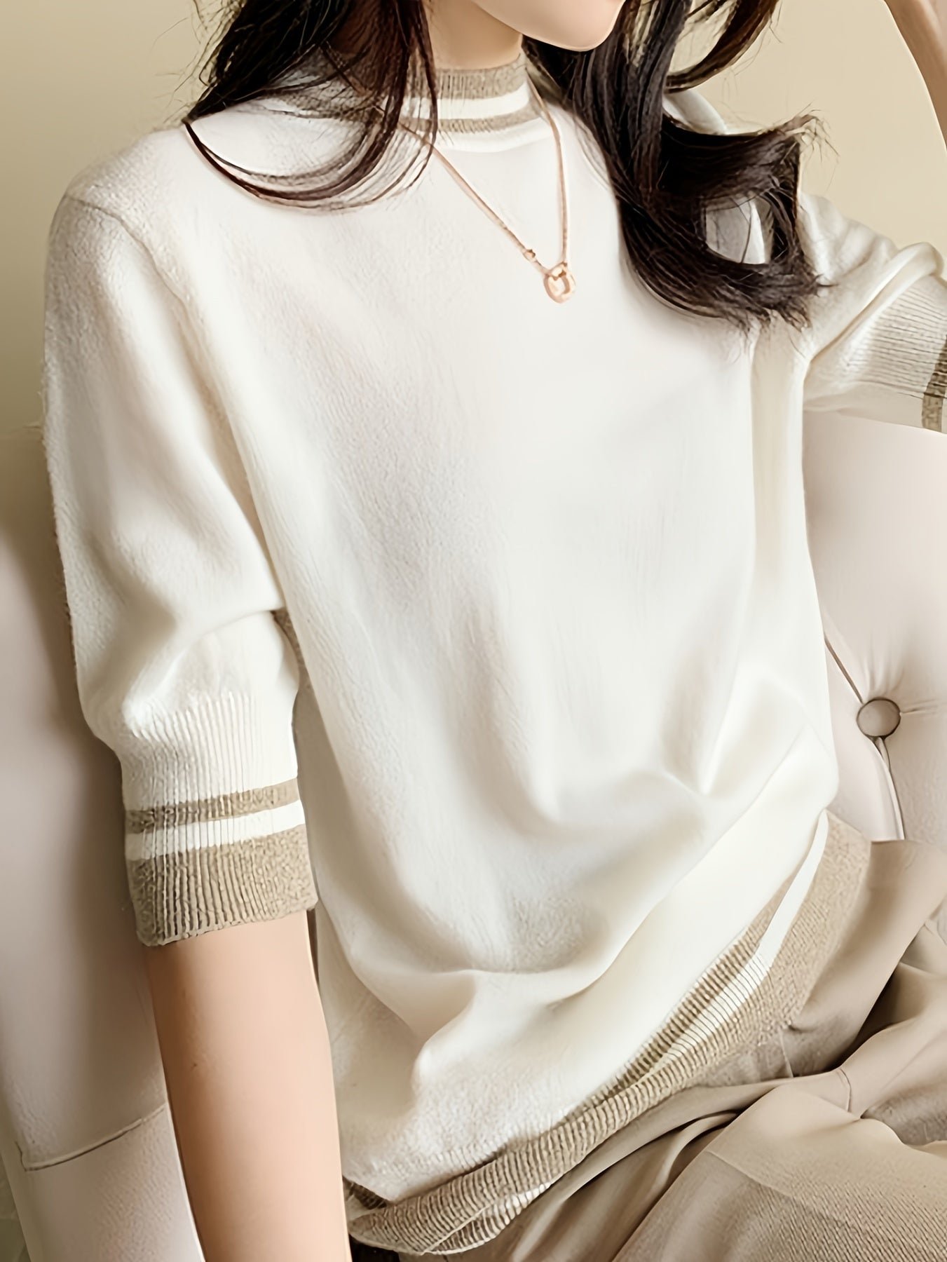 Contrast Trim Mock Neck Sweater, Casual Half Sleeve Pullover Sweater For Spring & Summer, Women's Clothing