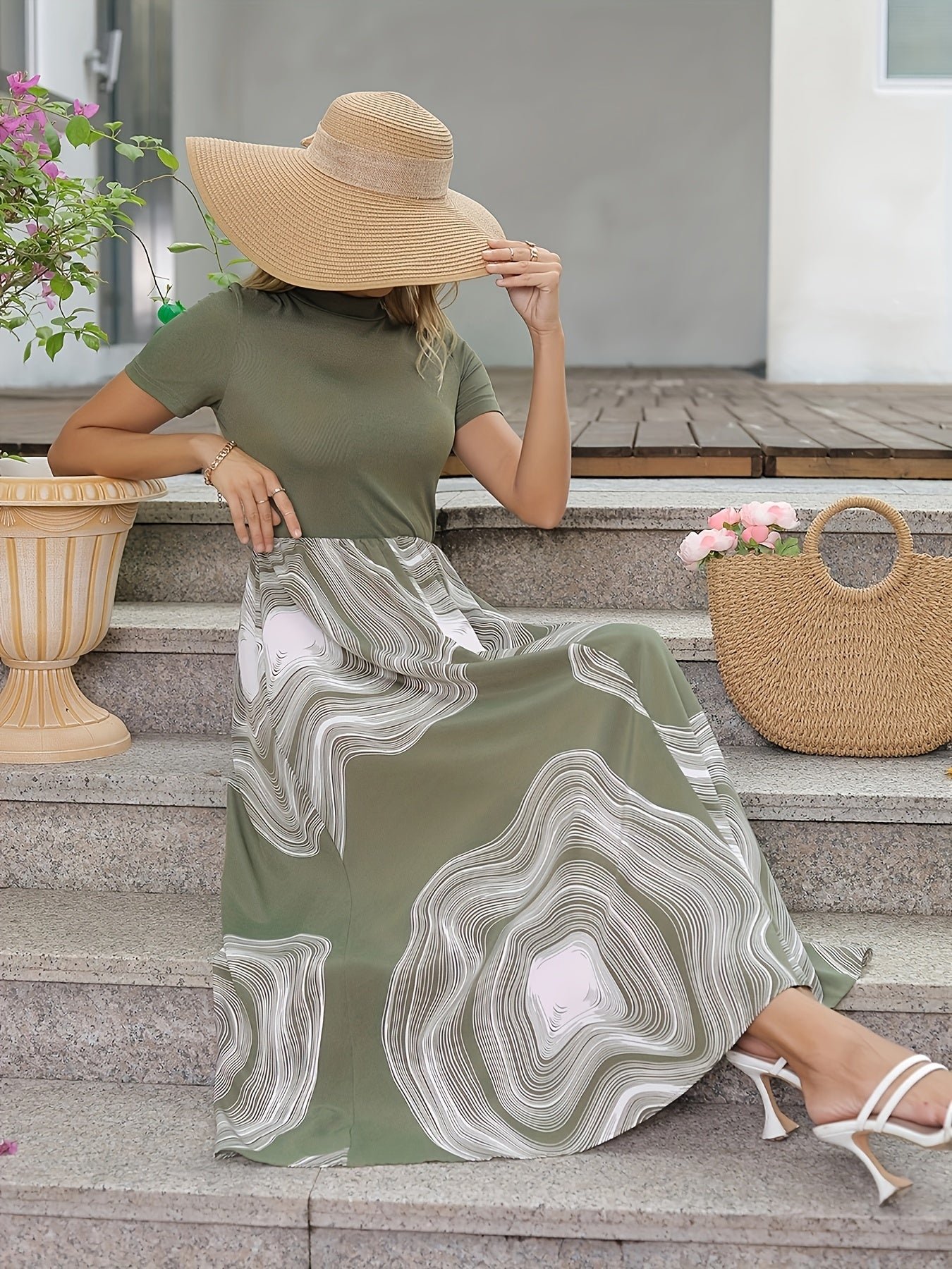 Graphic Print Splicing Aline Dress, Vintage Mock Neck Short Sleeve Dress, Women's Clothing