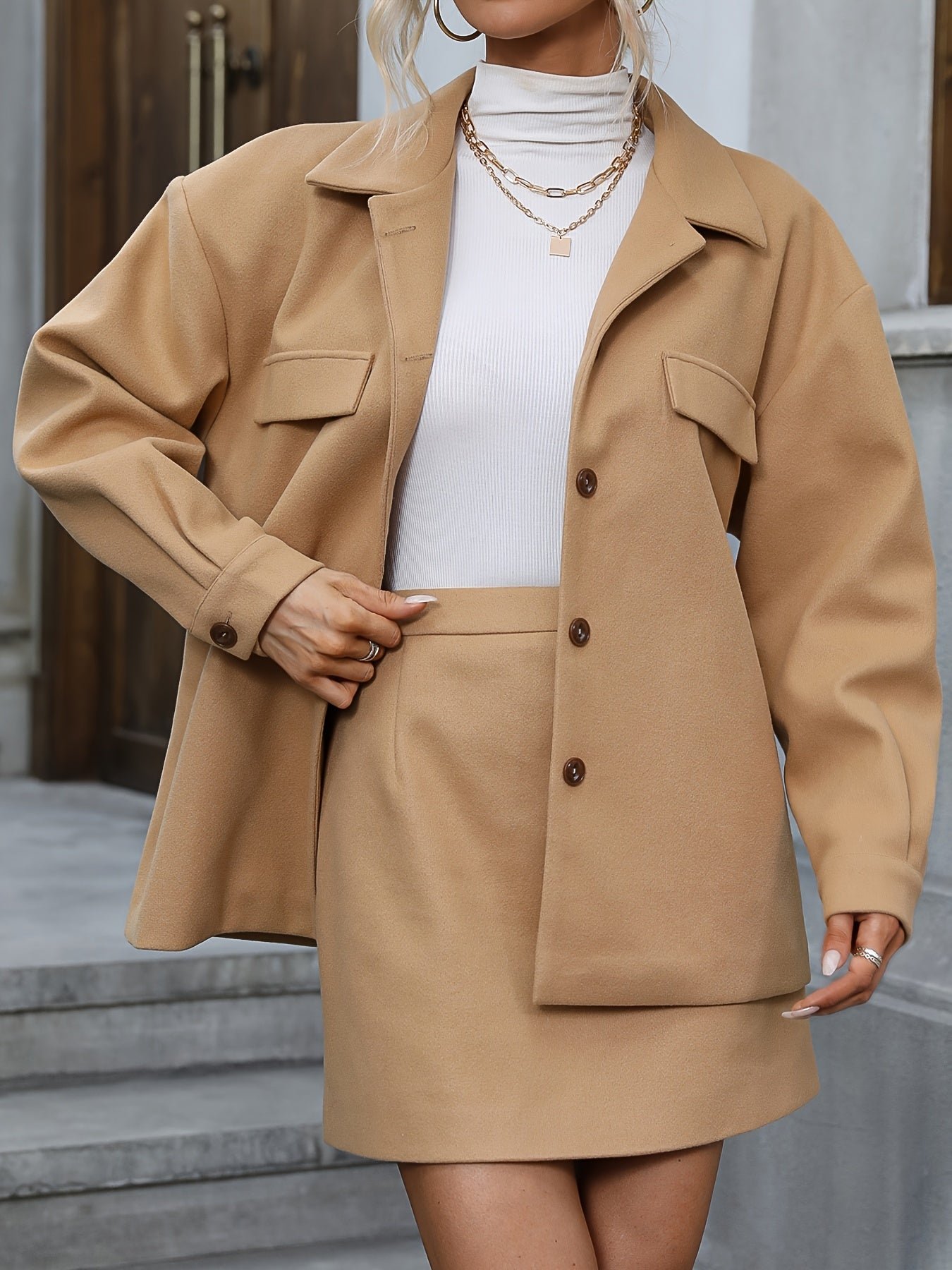 Solid Elegant Two-piece Set, Button Front Long Sleeve Jacket & High Waist Mini Skirts Outfits, Women's Clothing