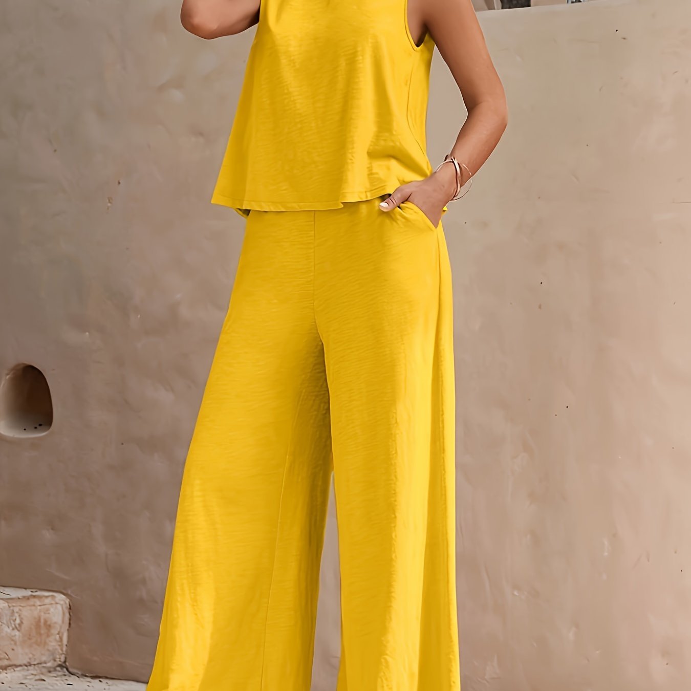 Solid Elegant Two-piece Set, Sleeveless Tank Top & Wide Leg Loose Pants Outfits, Women's Clothing
