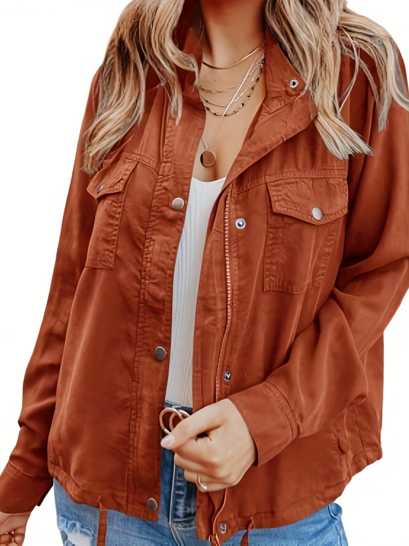 Solid Button Front Jacket, Casual Long Sleeve Zipper Versatile Outerwear, Women's Clothing