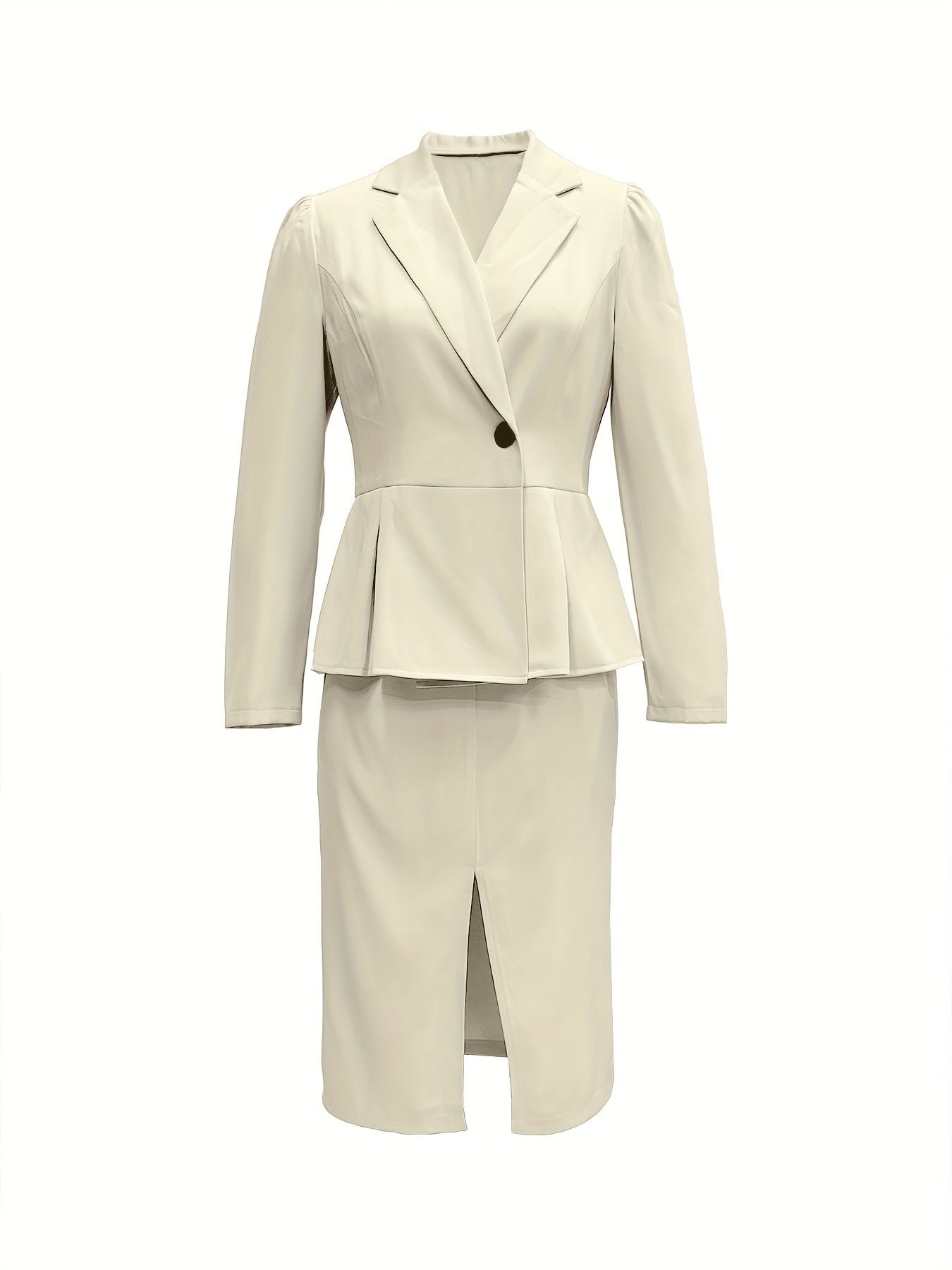 Solid Color Elegant Skirt Suit, Single Button Lapel Collar Long Sleeve Outwear & Split Hem Skirt Outfits, Women's Clothing