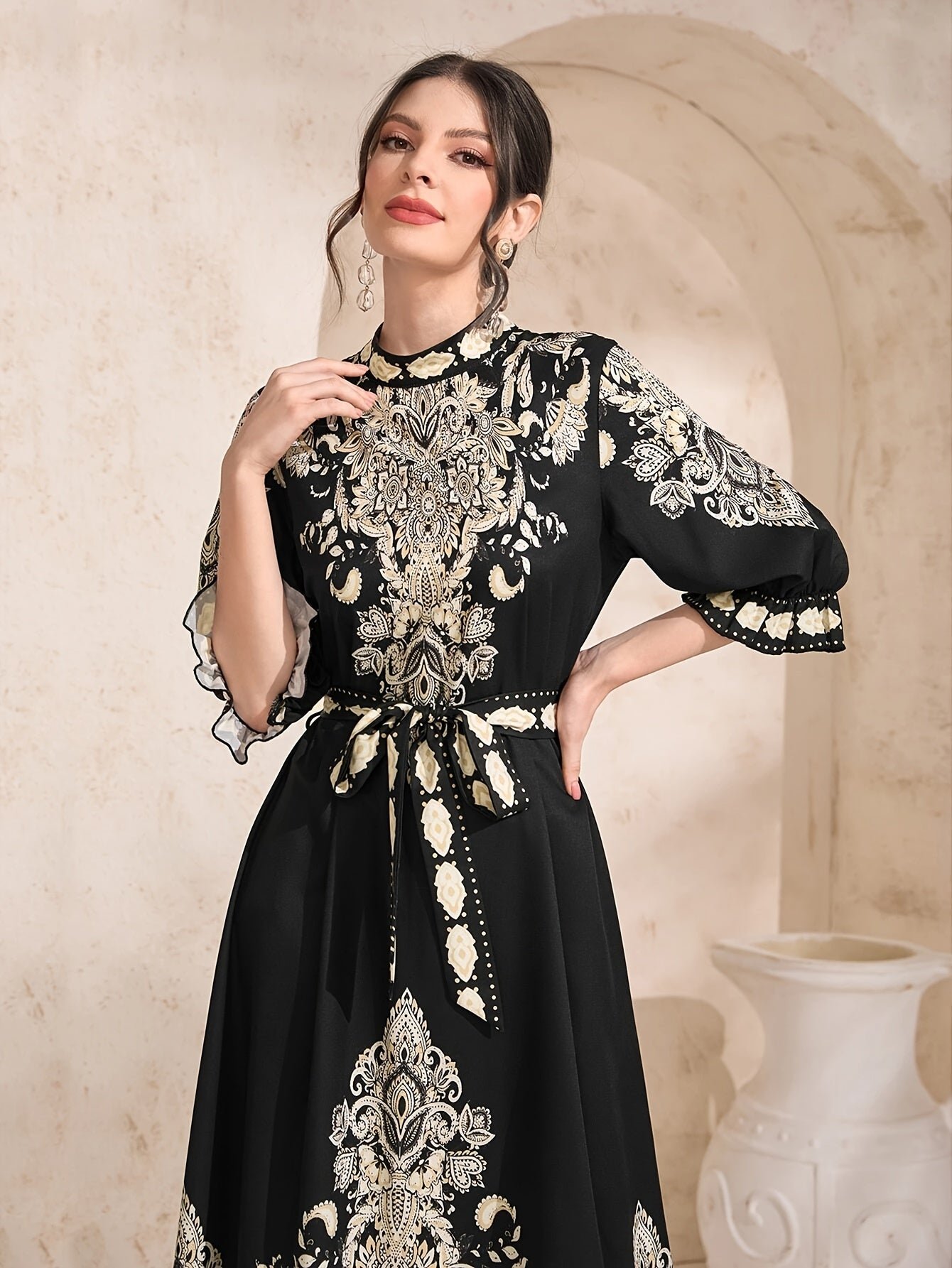 Paisley Print Crew Neck Dress, Elegant Tie Waist Ankle Length Half Sleeve Dress For Spring & Summer, Women's Clothing