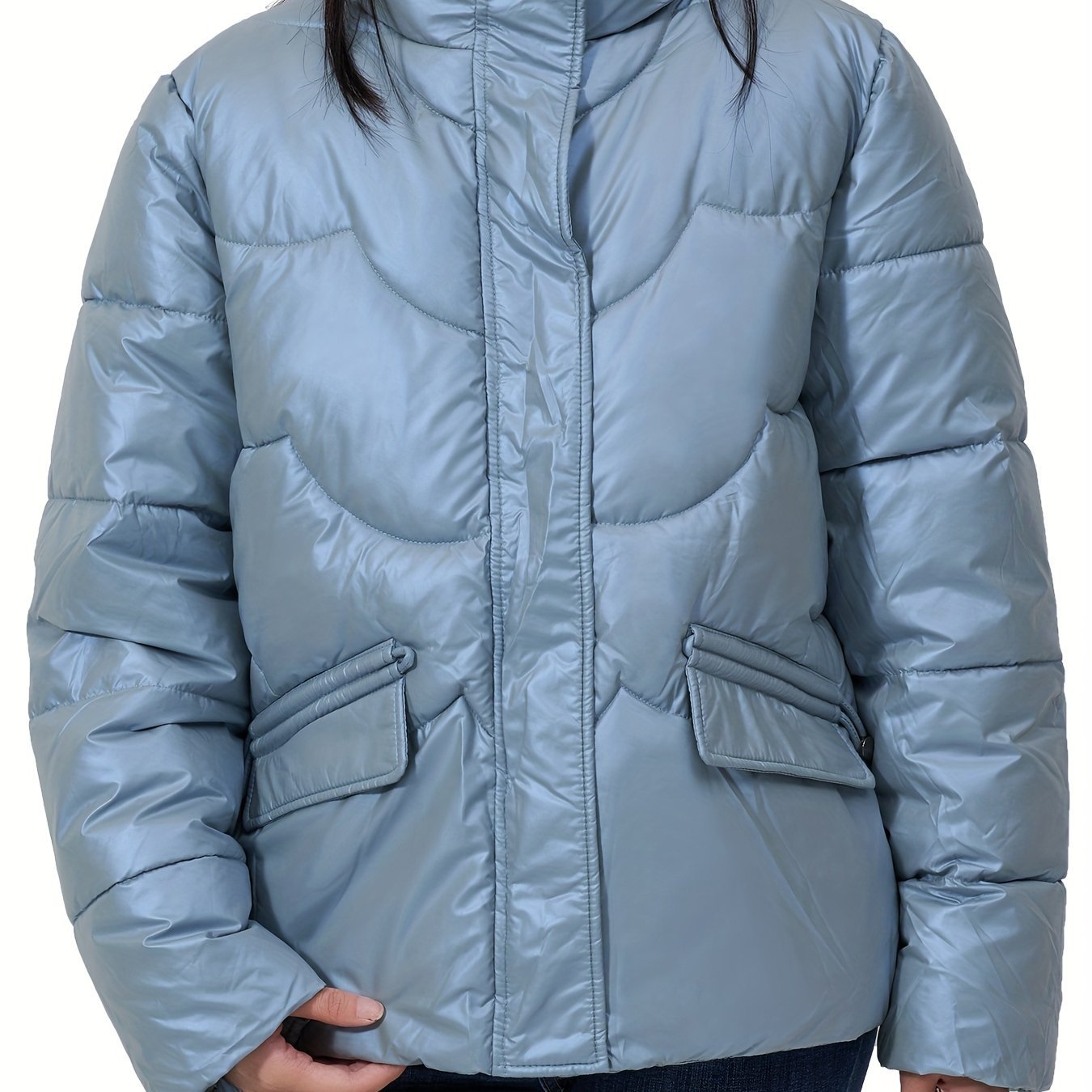 Solid Color Fashionable Puffer Jacket For Women, Thickened Warm Stand Collar Coat For Winter Outdoor, Women's Clothing