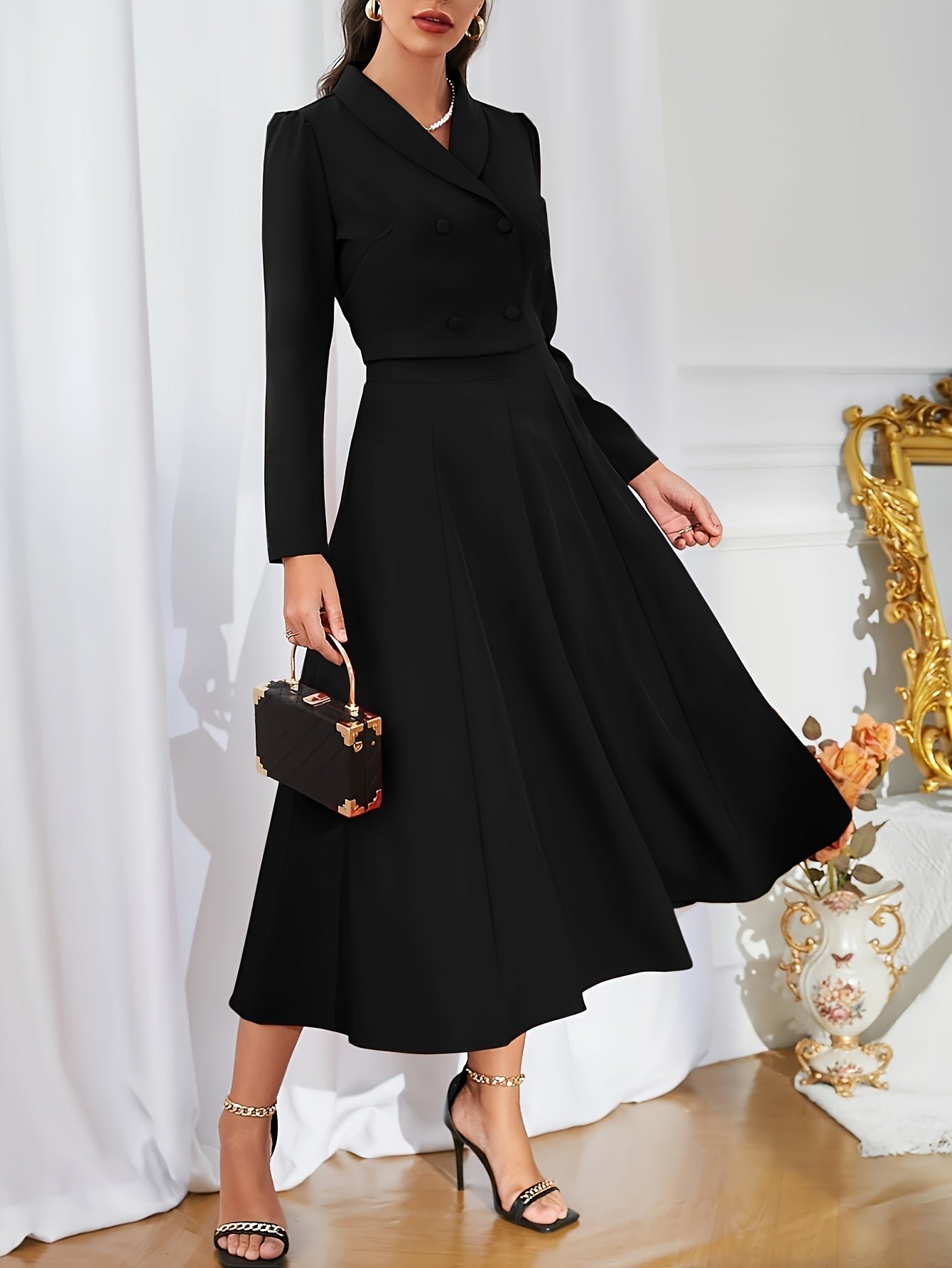 Solid Color Elegant Skirt Suit, Double Button Long Sleeve Crop Jacket & High Waist Midi Skirt Outfits, Women's Clothing