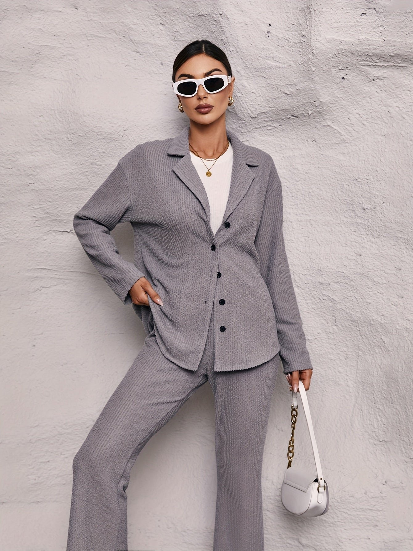 3c25b9d1009fb5b6136aeae99dc41b67-1 Solid Casual Two-piece Set, Button Up Long Sleeve Top & Pants Outfits, Women's Clothing