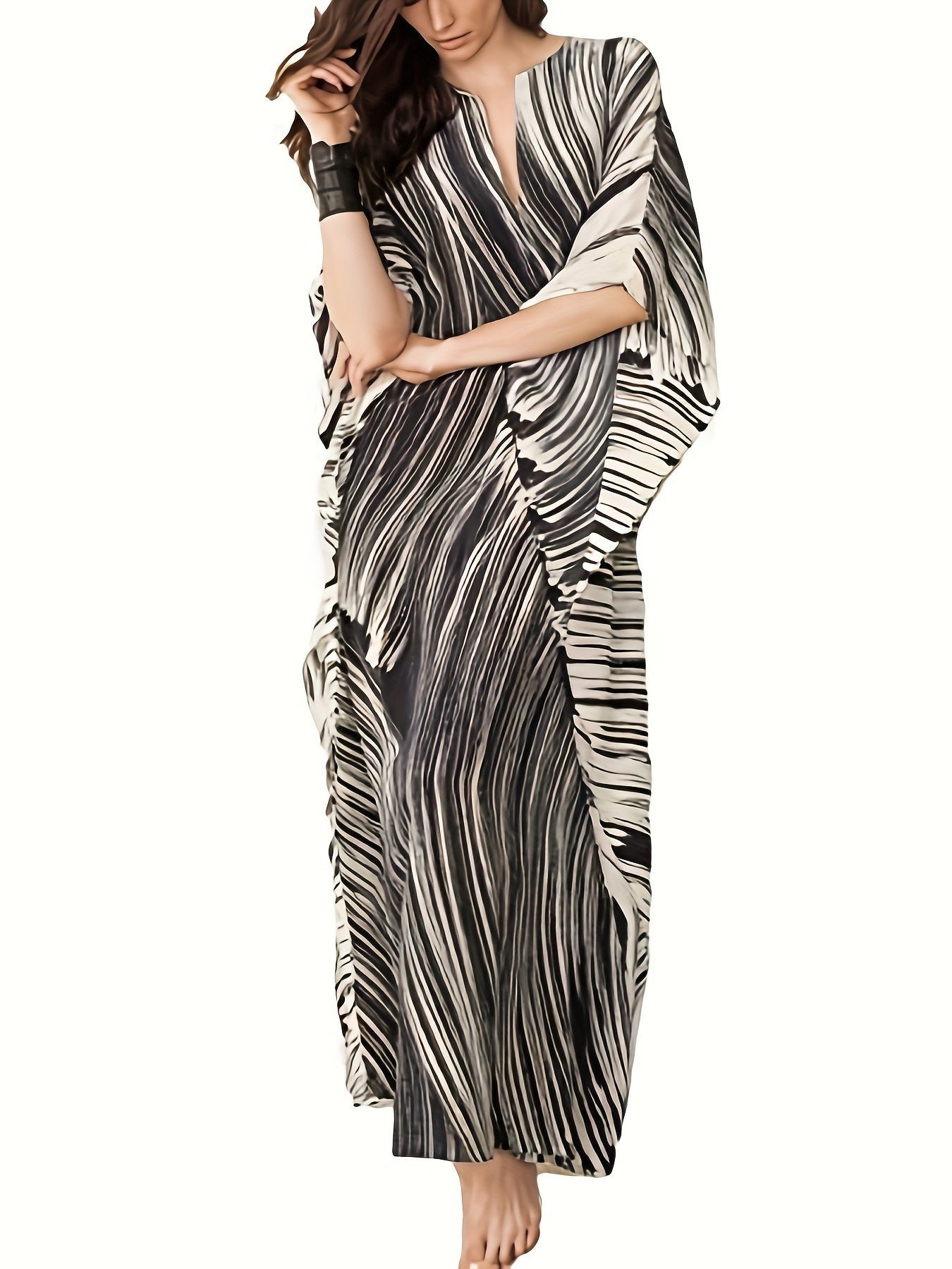 3c726b5f-972e-46c0-acc0-55c3d994d83e-1 Plus Size Striped Notched Neck Coverup Dress, Vacation Batwing Sleeve Maxi Dress For Beachwear, Women's Clothing