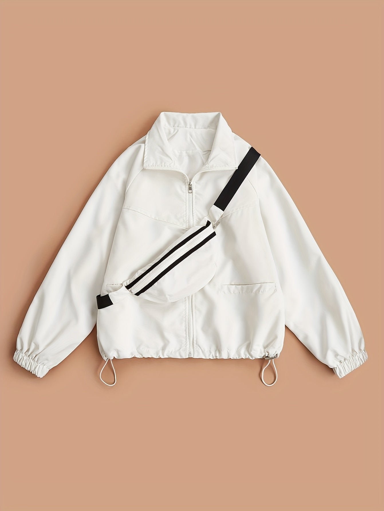 Solid Zip Up Jacket, Casual Long Sleeve Windproof Daily Outerwear With Bag, Women's Clothing