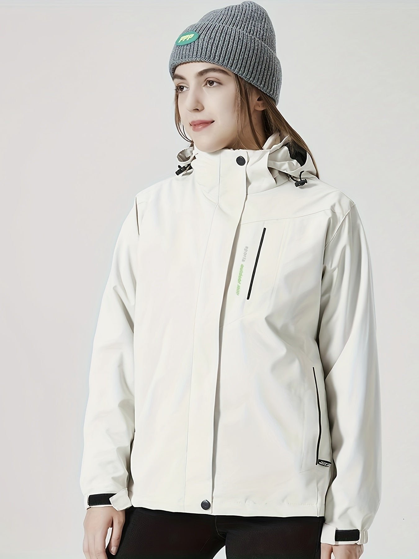 Women's Outdoor Sport Jacket, Solid Color Zipper Up Fleece Warm Winter Ski Hooded Jacket, Women's Clothing