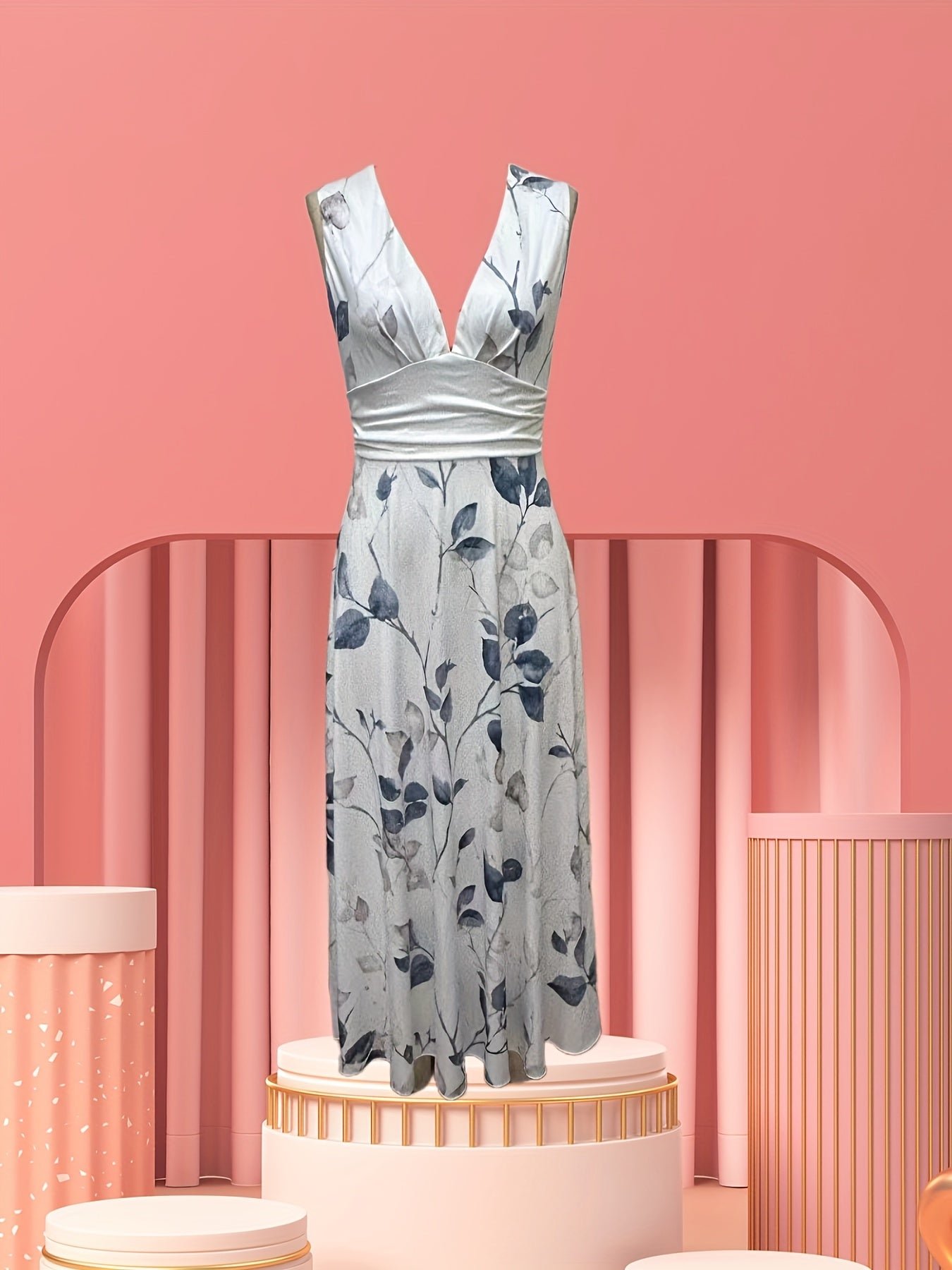 Plant Print High Waist Tank Dress, Elegant V Neck Sleeveless Dress For Spring & Summer, Women's Clothing