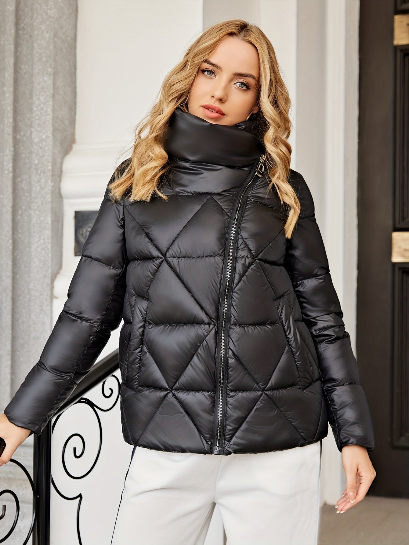 3f0d0e6e87b6c38bea25b0123285ceb2 High Neck Zip Up Parka, Winter Thermal Solid Casual Coat, Women's Clothing