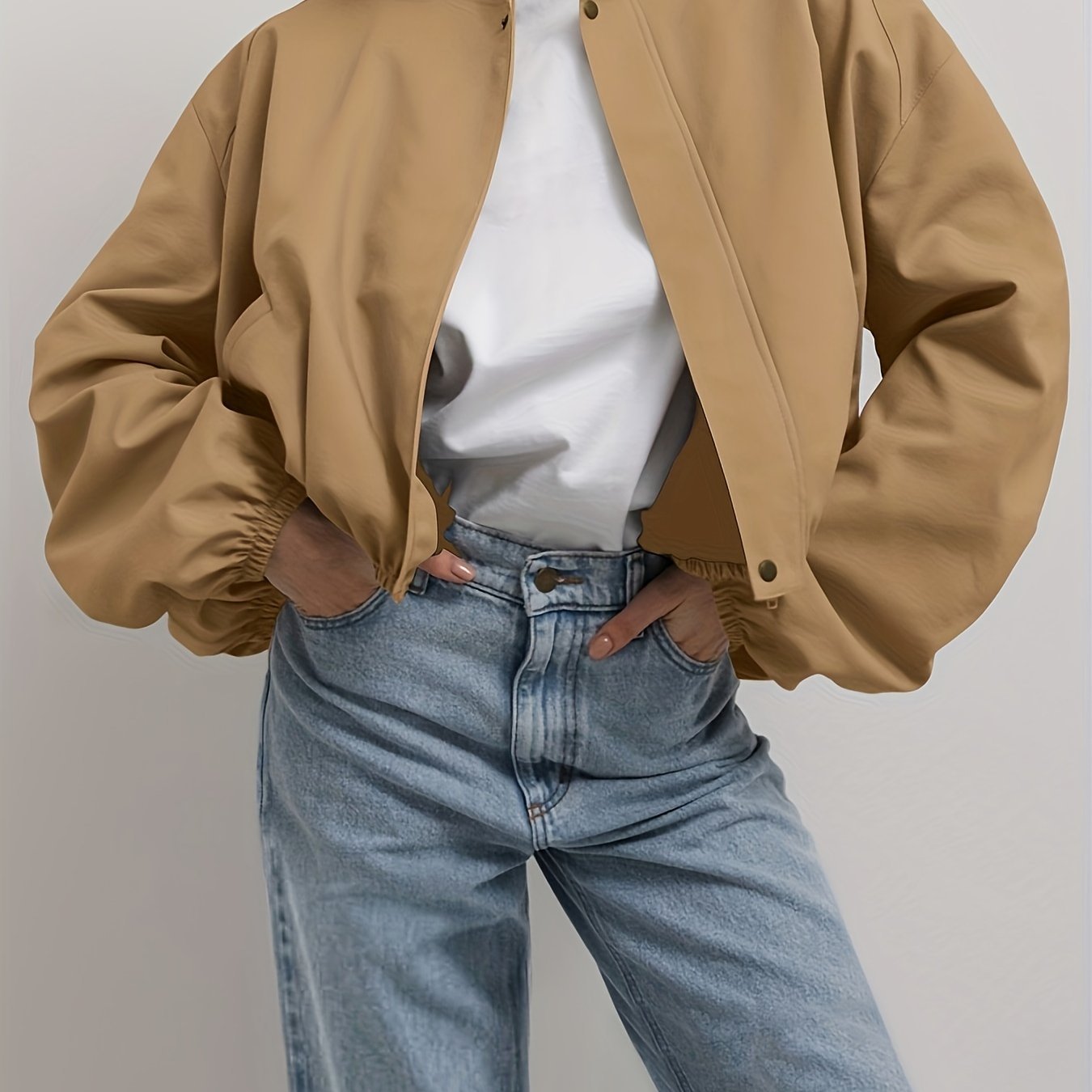 Ruched Simple Jacket, Casual Solid Open Front Long Sleeve Outerwear, Women's Clothing