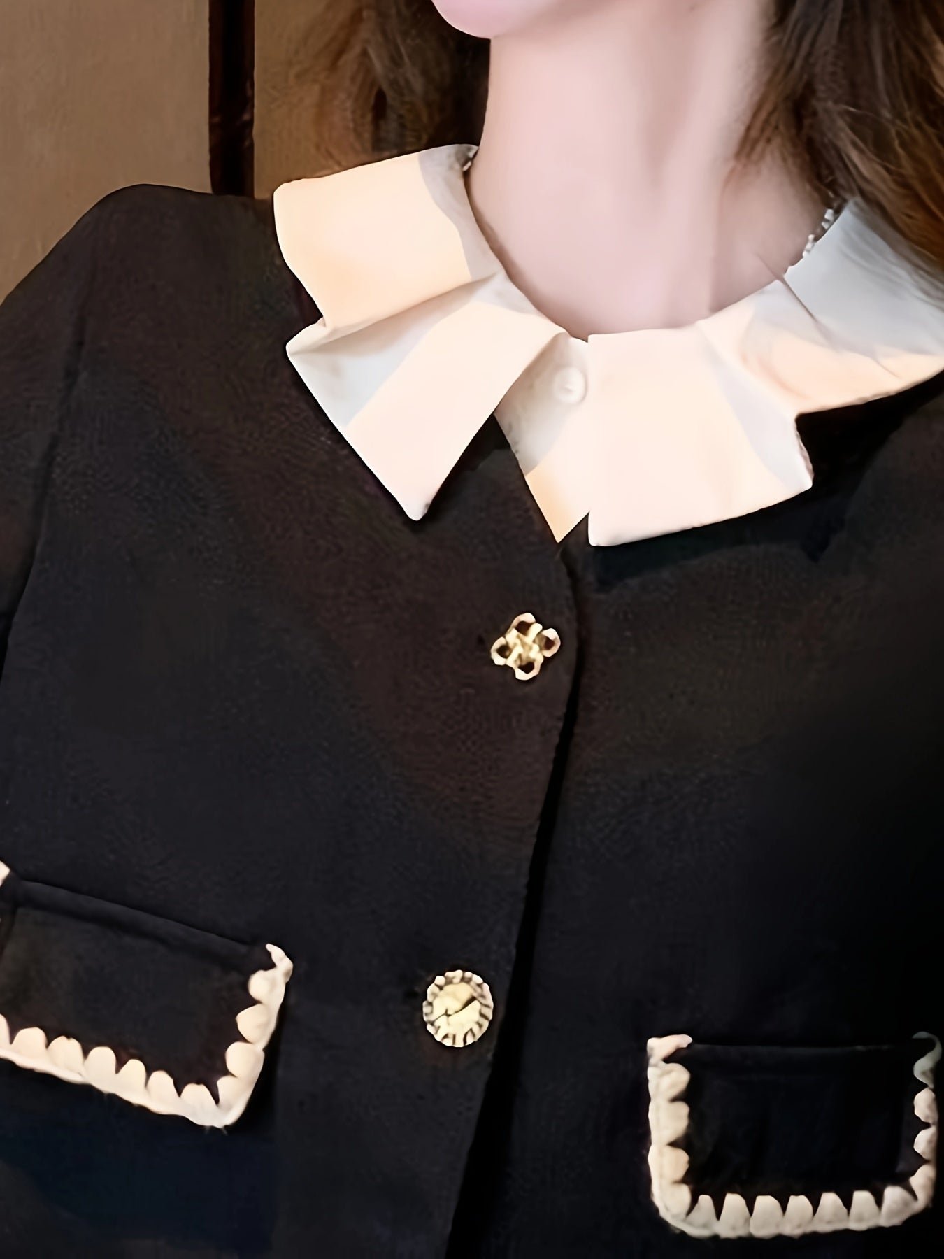 Elegant Button Front Contrast Trim Skirt Set, Long Sleeve Jacket & Pleated Midi Skirt Outfits, Women's Clothing