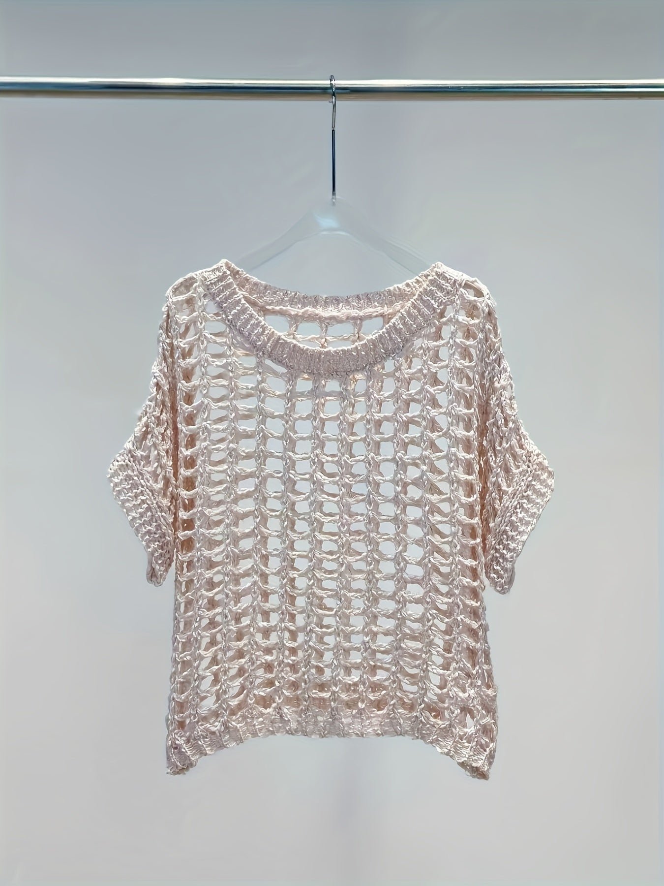 Hollow Out Crochet Crew Neck Sweater, Casual Short Sleeve Knit Top For Spring & Summer, Women's Clothing