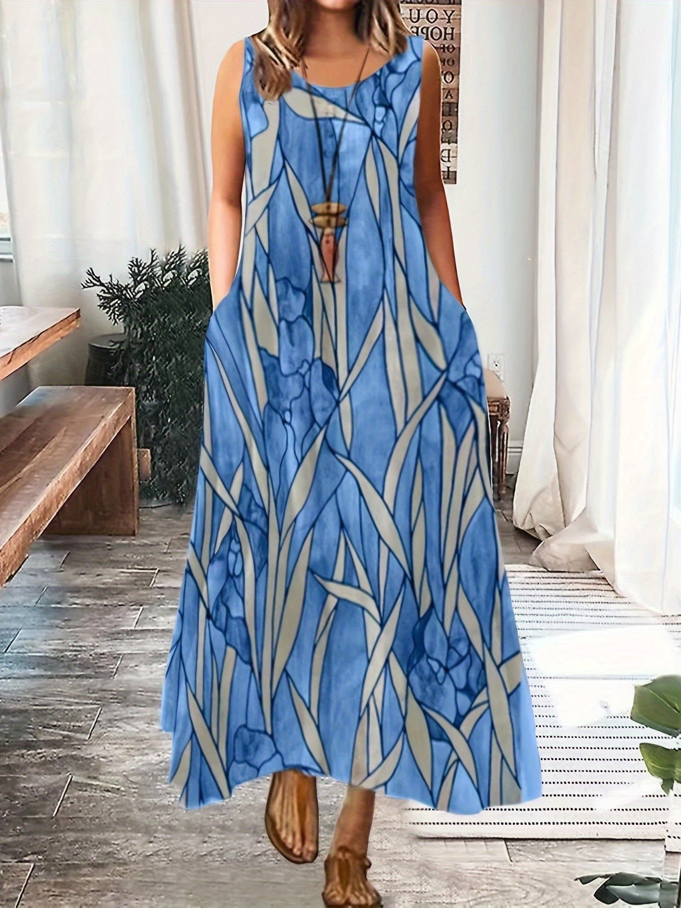 4a2df644b735ac20aef872e4ec4f676f Plus Size Casual Summer Dress, Women's Plus Flower & Leaf Print Sleeveless Round Neck Medium Stretch Maxi Cami Dress With Pockets