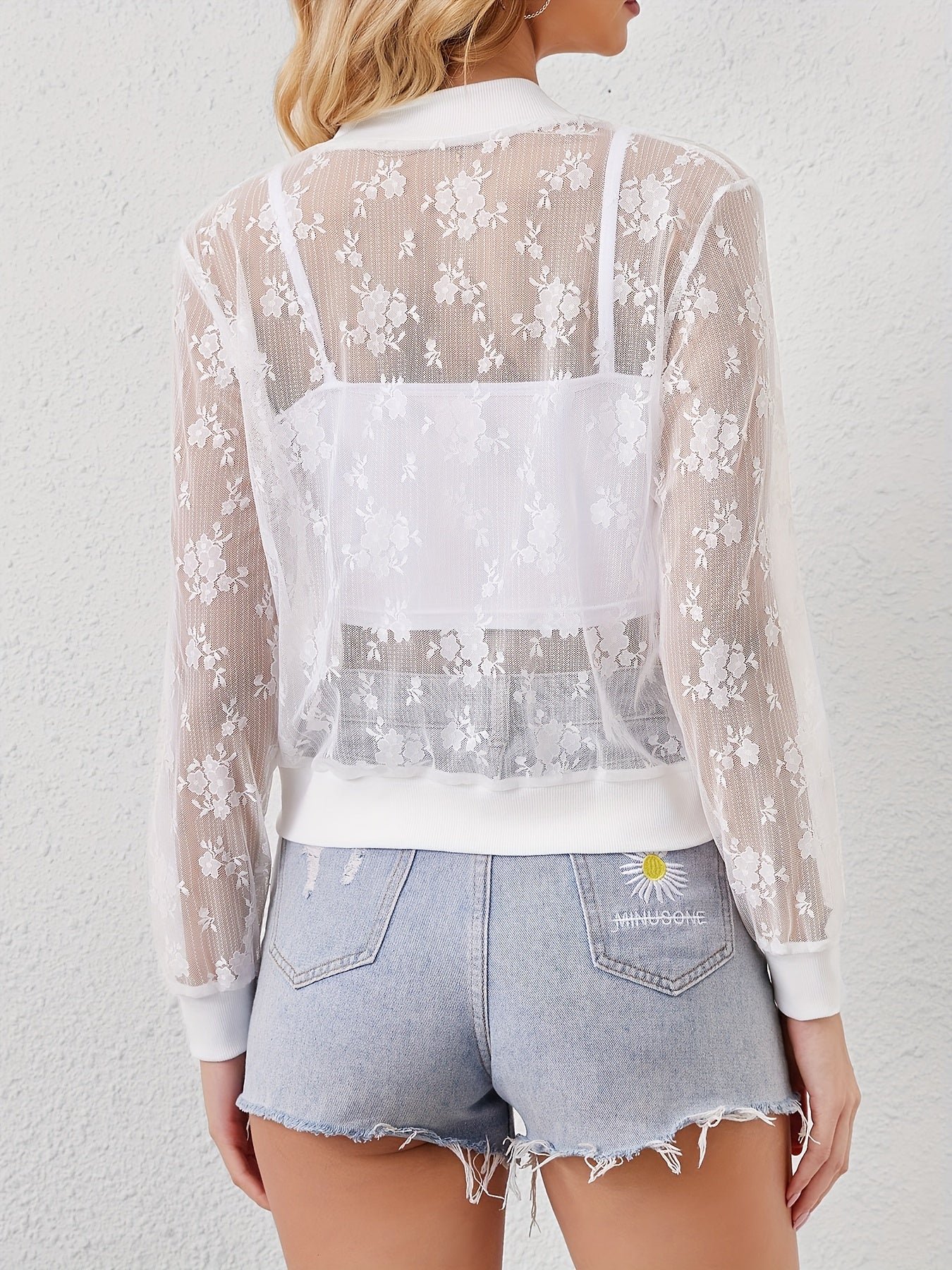 Lightweight Semi Transparent Mesh Panel Jacket, Stylish Long Sleeve Zipped Solid Color Jacket For Spring & Fall, Women's Clothing