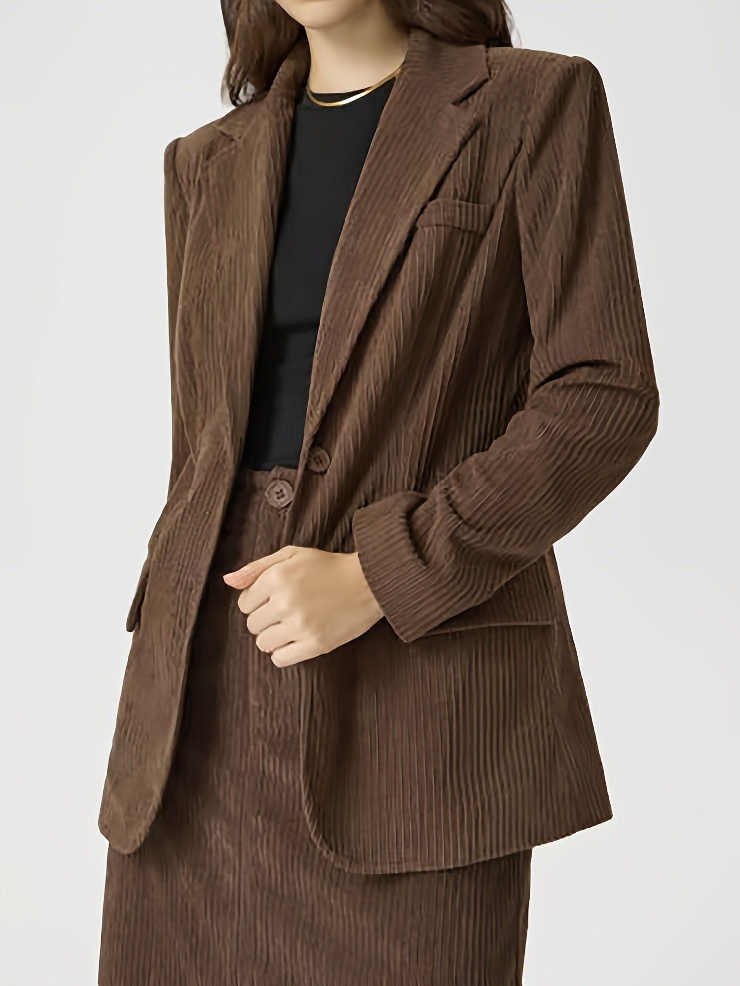 4f63fe4a5612a7804db2587896f7e8b3-1 Solid Button Front Two-piece Skirt Set, Lapel Neck Long Sleeve Blazer & High Waist Skirt Outfits, Women's Clothing