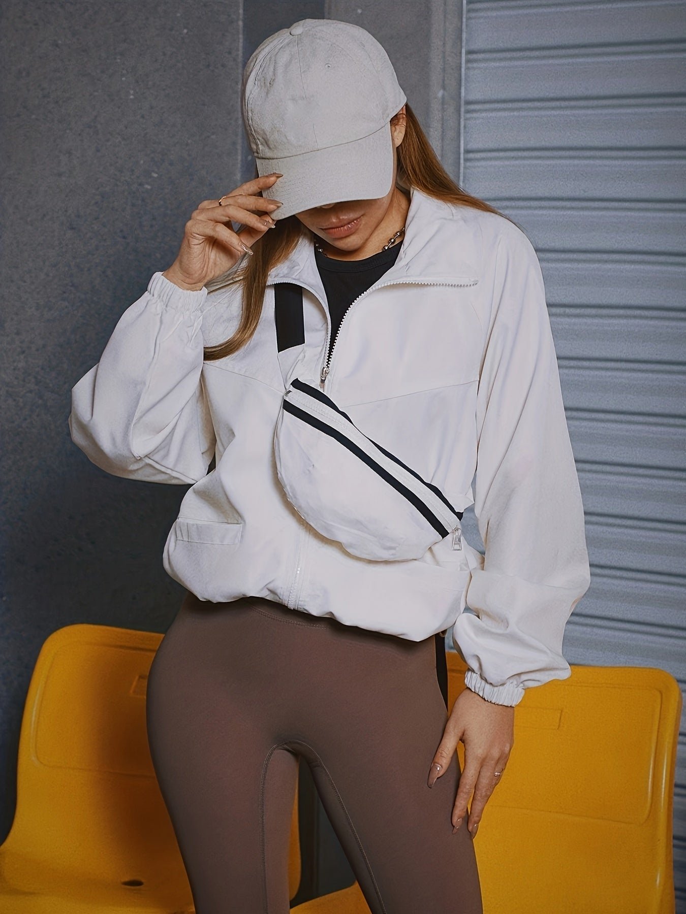 Solid Zip Up Jacket, Casual Long Sleeve Windproof Daily Outerwear With Bag, Women's Clothing