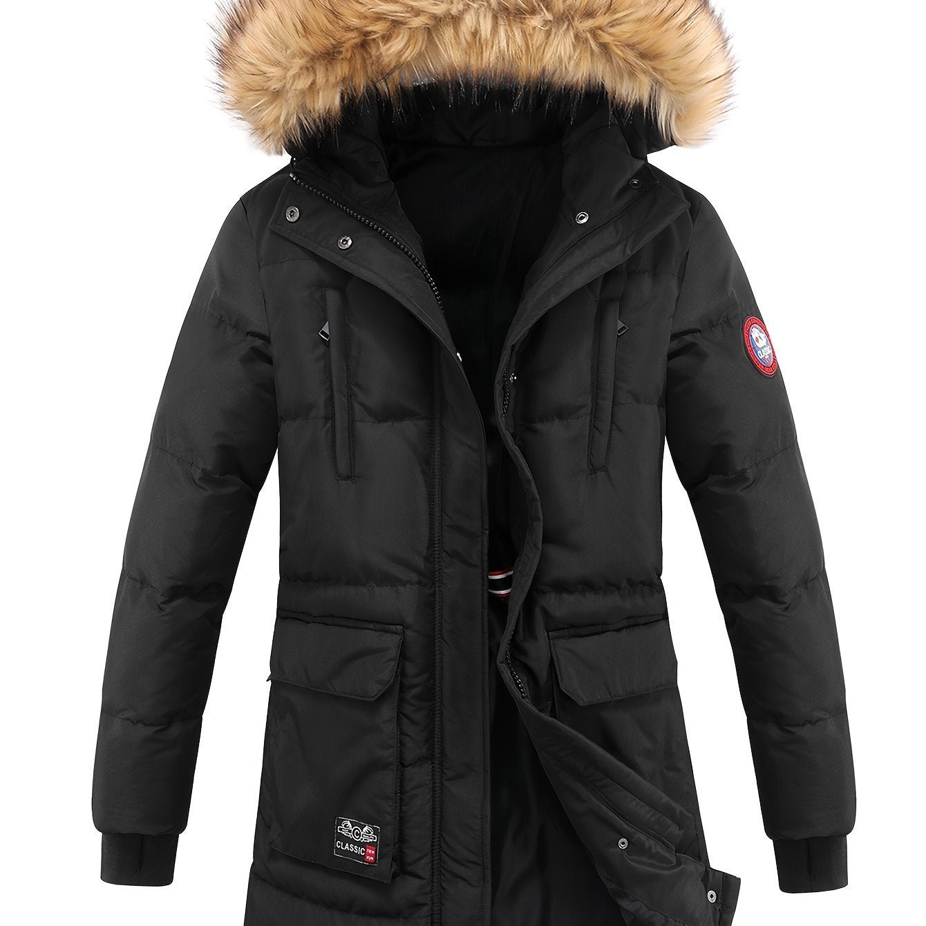 Women's Winter Puffer Jacket, Faux Fur Collar Hooded Coat, Zip-up Snap Button Windproof Thermal Casual Jacket