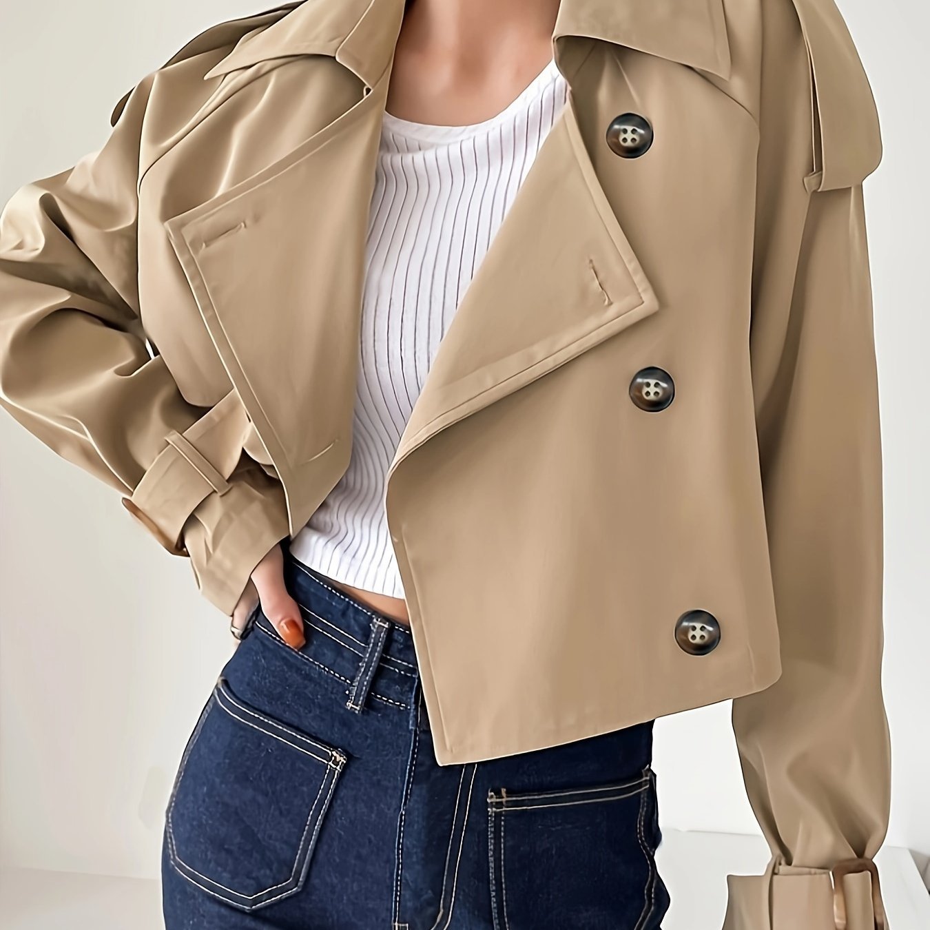 Solid Color Open Front Jacket, Casual Lapel Neck Fake Buttons Long Sleeve Jacket For Spring & Fall, Women's Clothing