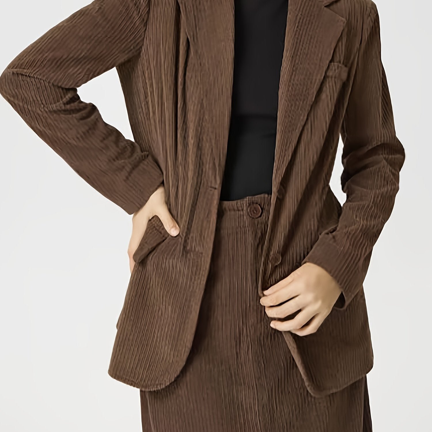 Solid Button Front Two-piece Skirt Set, Lapel Neck Long Sleeve Blazer & High Waist Skirt Outfits, Women's Clothing